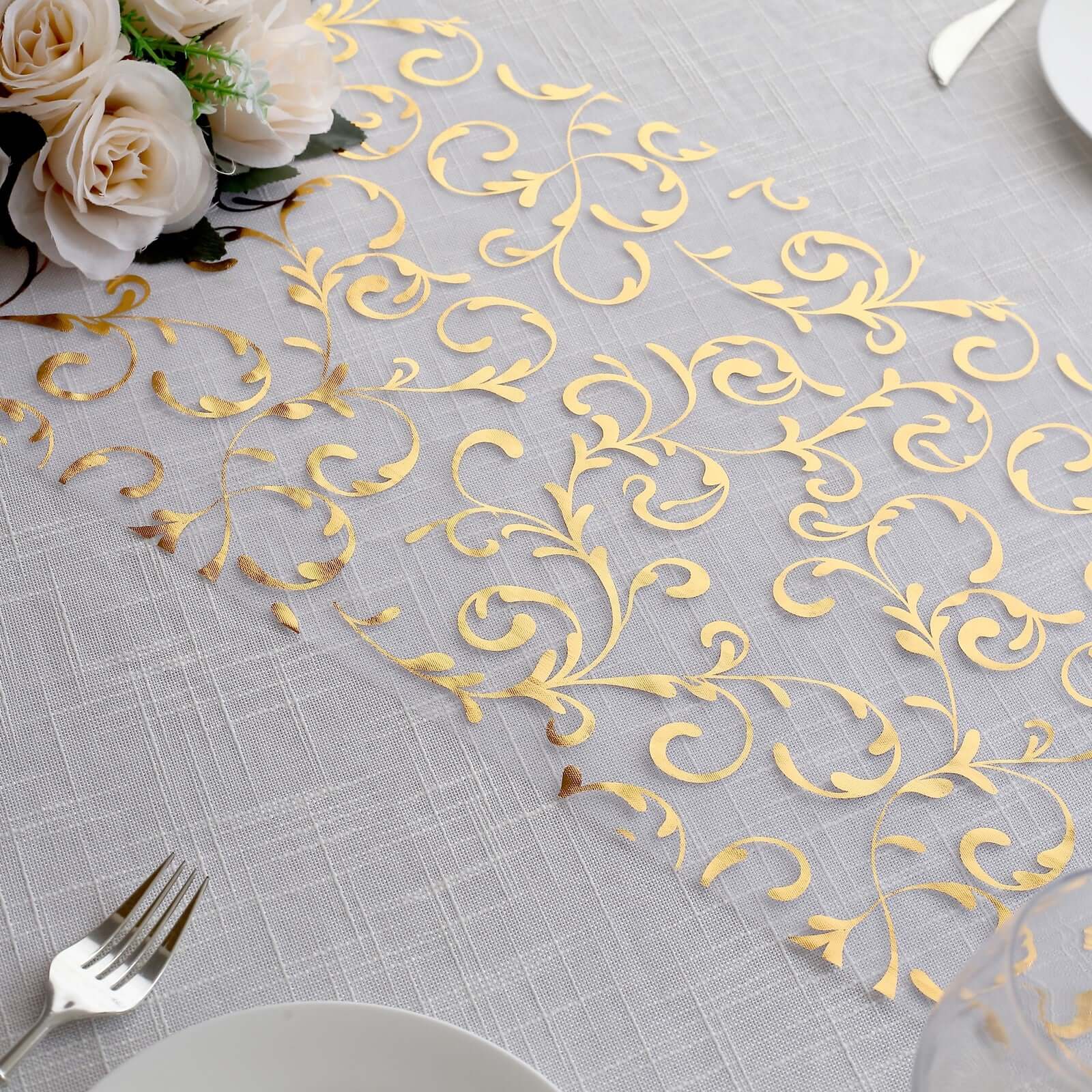 Sheer Organza 12"x108" Table Runner Roll Metallic Gold Foil Embossed Floral Design - Stylish Event Decoration