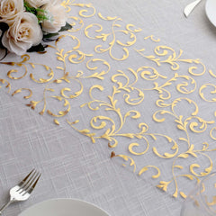 Sheer Organza 12"x108" Table Runner Roll Metallic Gold Foil Embossed Floral Design - Stylish Event Decoration