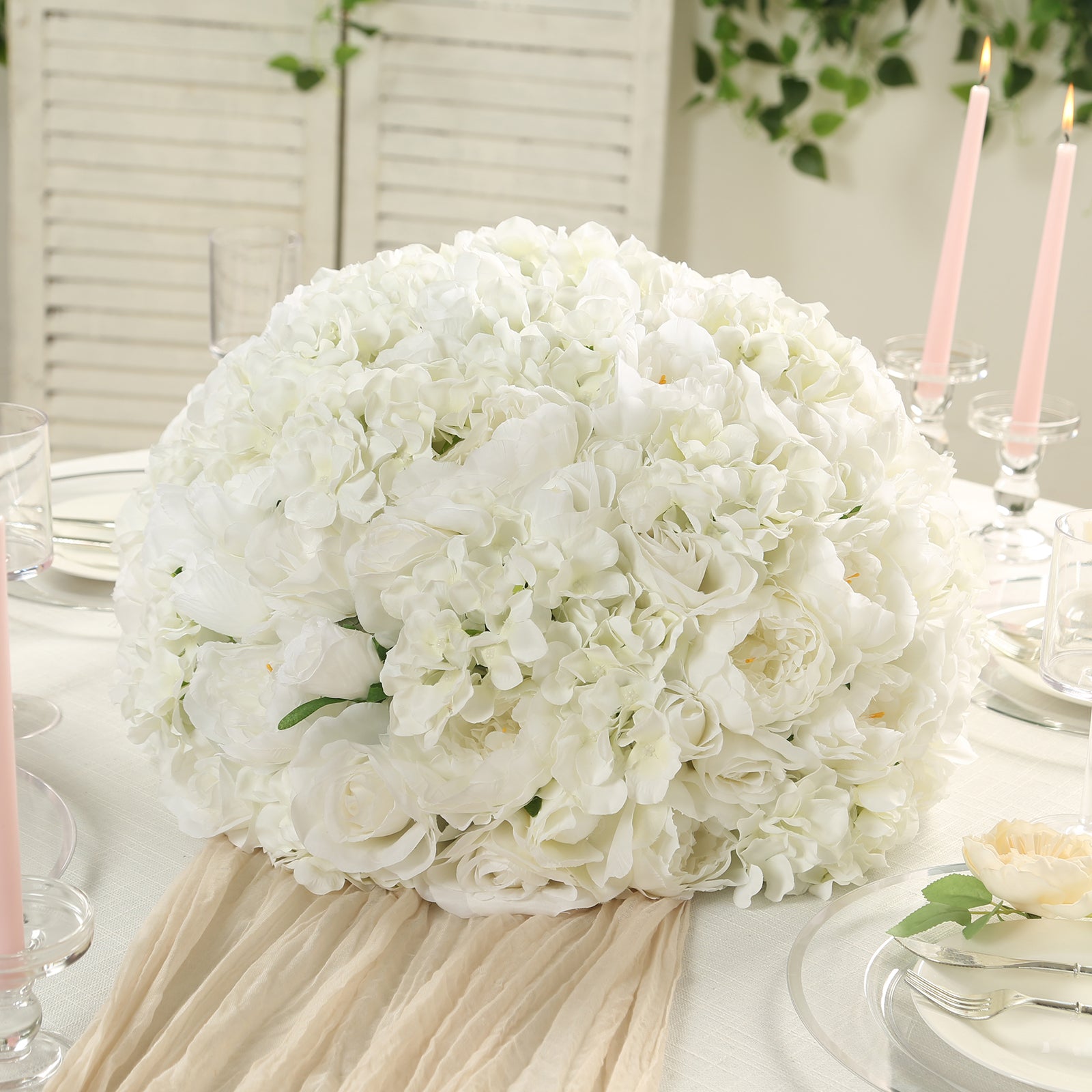 Pre-Arranged Silk Rose Bouquet Floral Arrangement Table Decor, Large Ivory Artificial Rose Flower Balls Wedding Centerpieces - 20"
