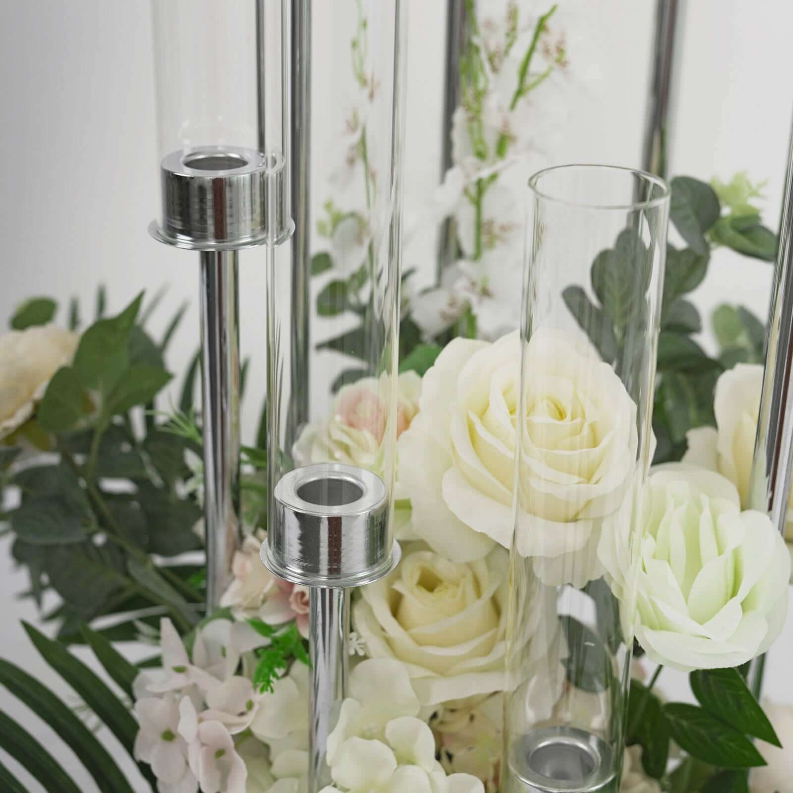 8 Arm Cluster Taper Candle Holder Silver - Stunning Large Candle Arragement With Clear Glass Shades for Grand Banquets & Celebrations 42"