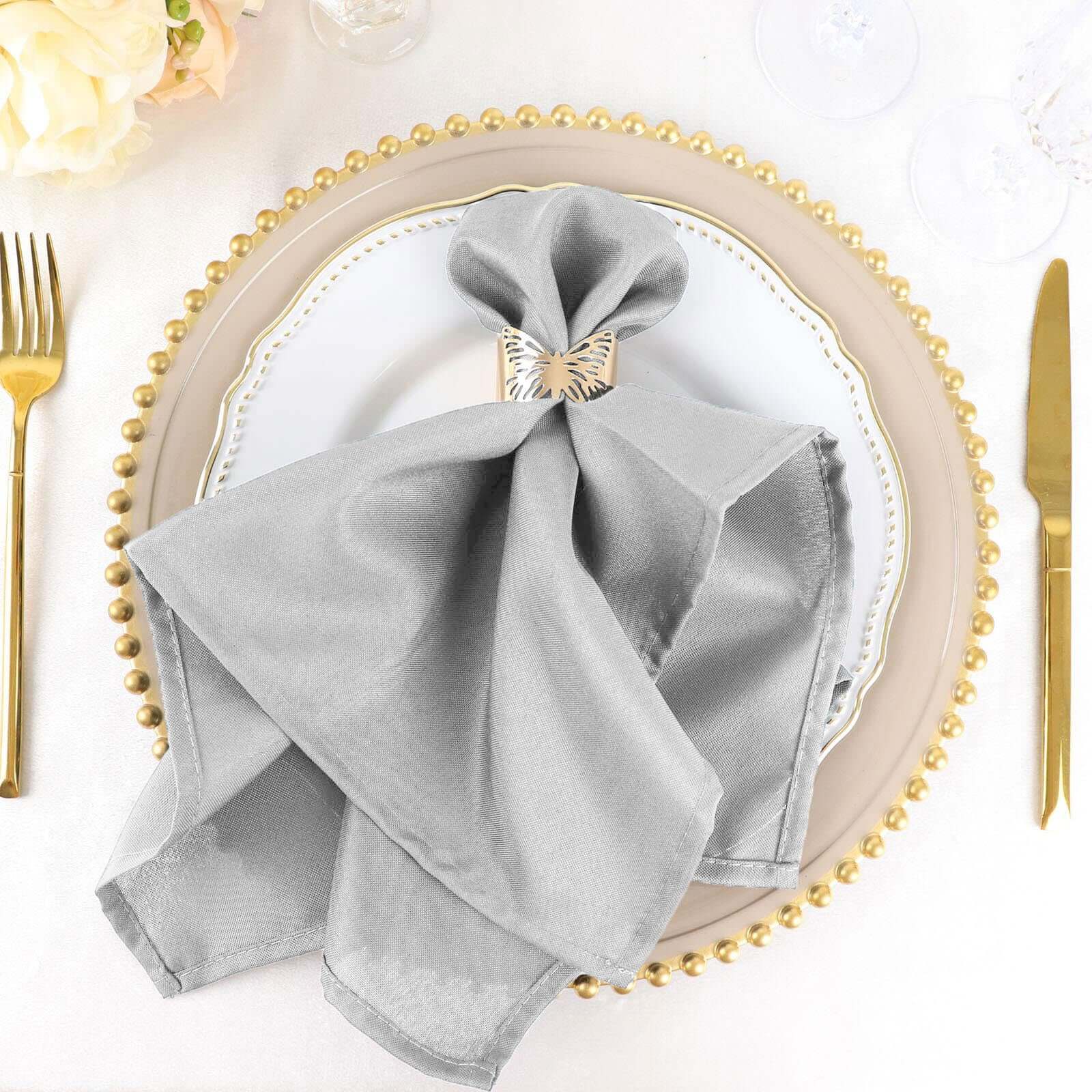 5 Pack Polyester 20"x20" Napkins Silver - Wrinkle Resistant & Easy Care Cloth Napkins