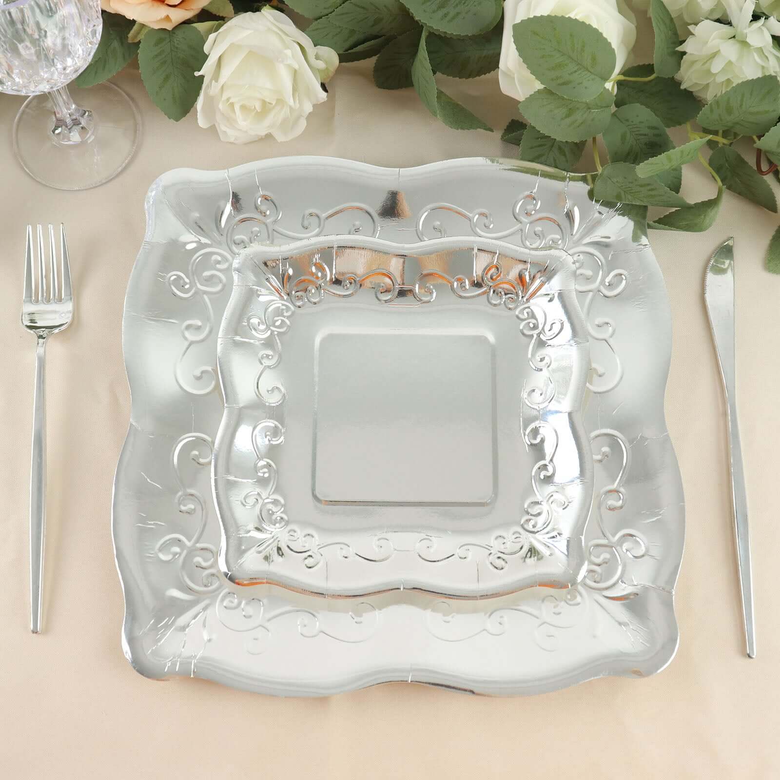 25-Pack Paper 7" Square Dessert Plates in Silver with Vintage Pottery Embossed Design - Shiny Metallic Disposable Appetizer Plates