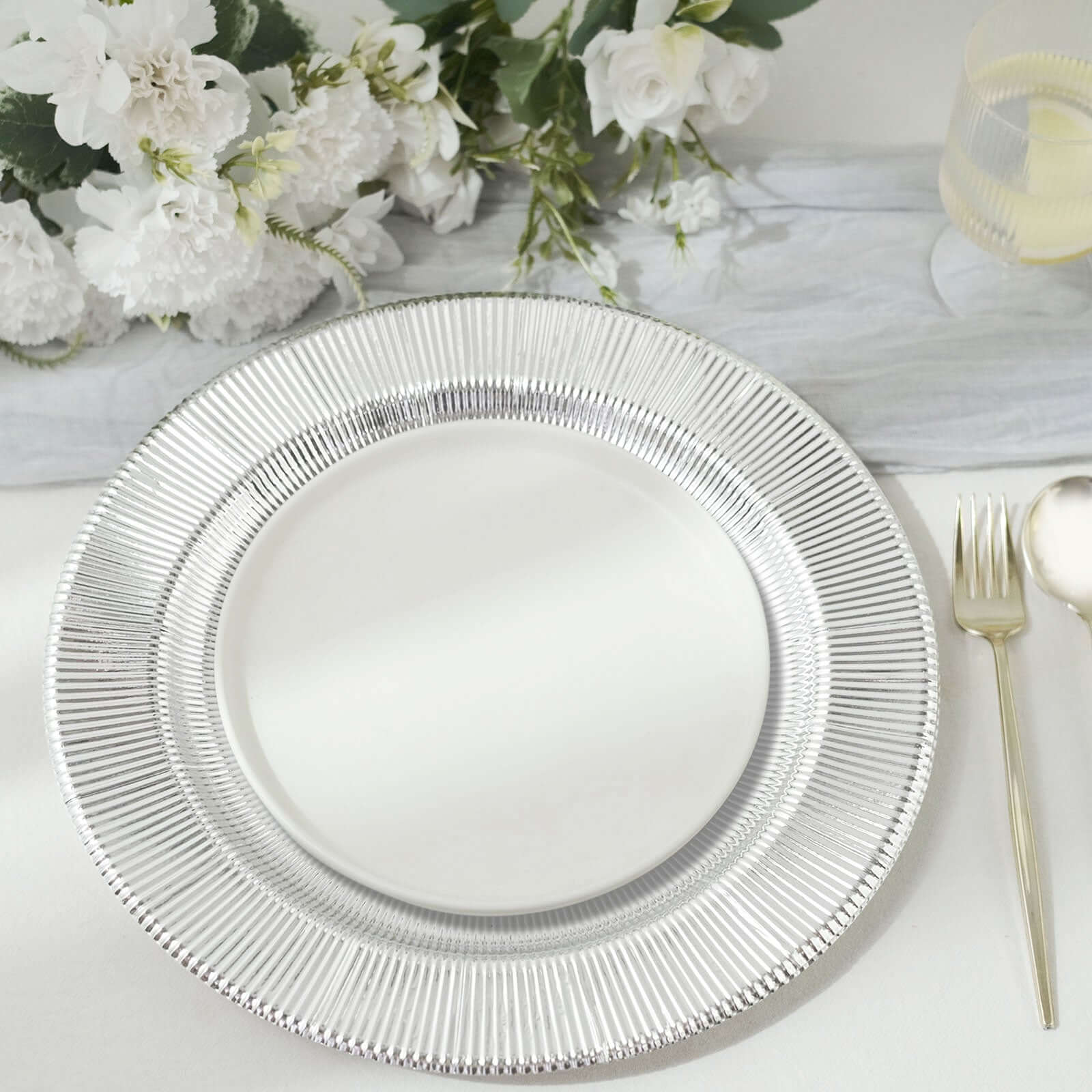 25-Pack Paper 10" Round Dinner Plates in Metallic Silver Sunray Design - Disposable Heavy Duty 350GSM Party Plates