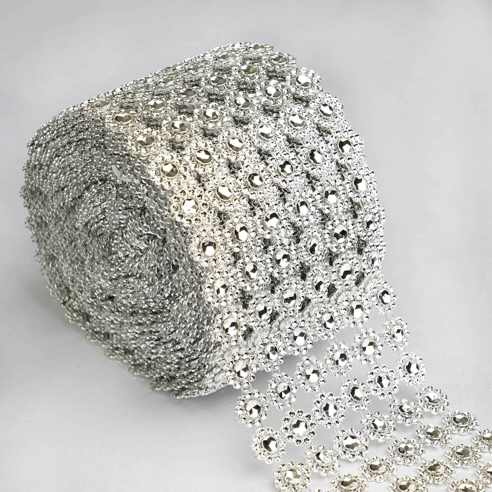 4"x10 Yards Silver Fleur Diamond Rhinestone Ribbon Wrap Roll, DIY Craft Ribbon