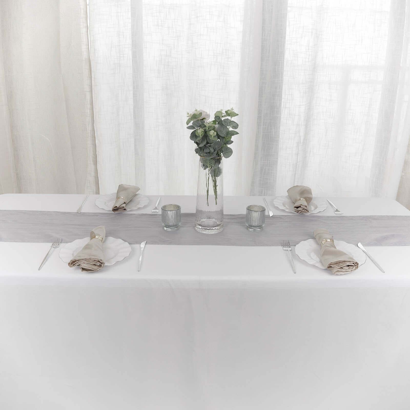 Taffeta 12"x108" Table Runner Silver - Accordion Crinkle Design