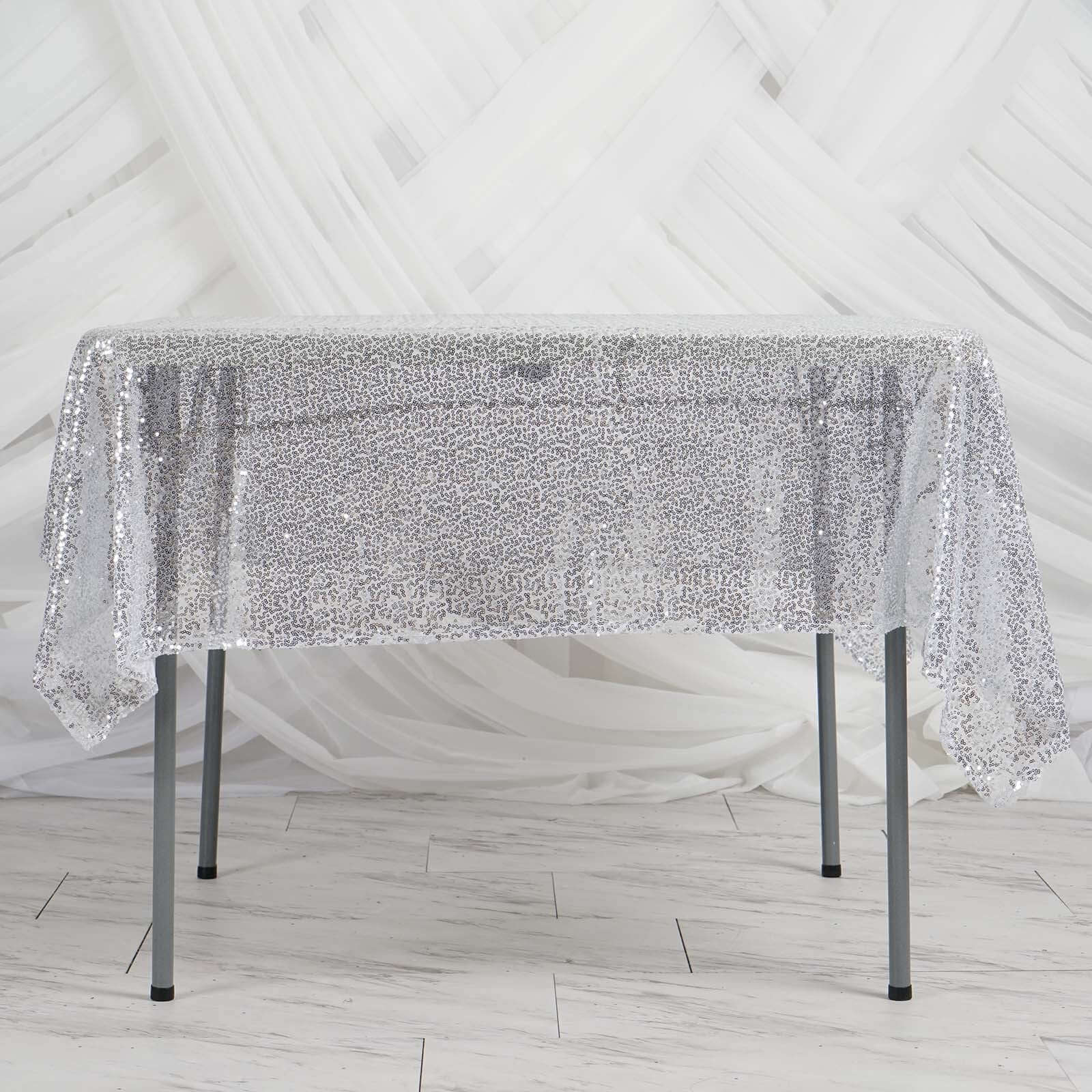 Sequin 60"x60" Table Overlay Square Tablecloth Silver - Luxe Wedding Table Topper