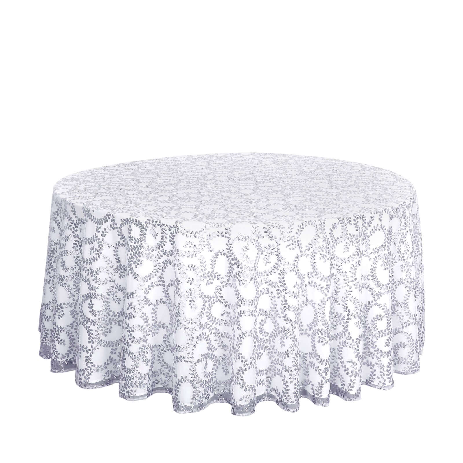 Tulle 120" Round Tablecloth Silver - Seamless Sequin Leaf Embroidered Table Cover