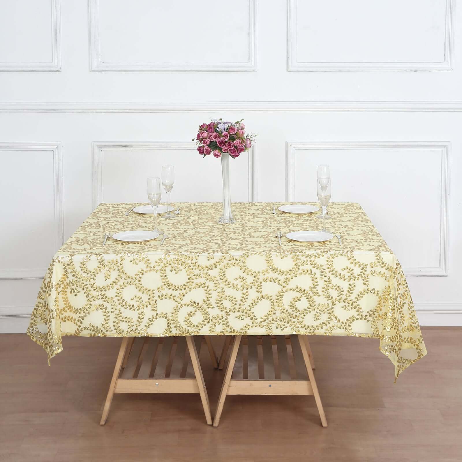 Tulle 72"x72" Table Overlay Square Tablecloth Gold - Sequin Leaf Embroidered Design for Stylish Occasions