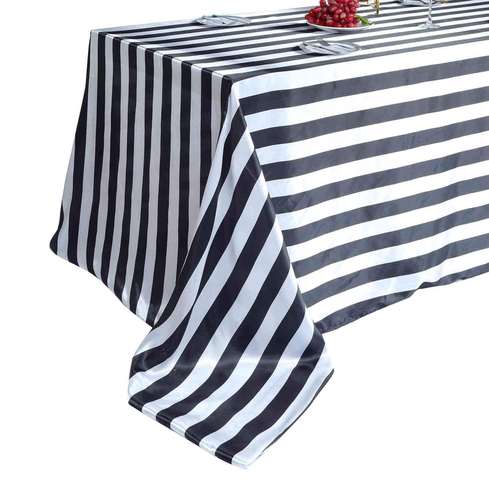 Satin 90"x156" Rectangle Tablecloth Black/White - Stripe Design with Seamless Finish Table Cover