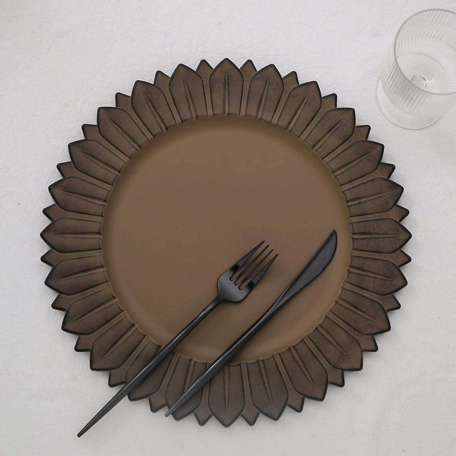 6-Pack Plastic Round Charger Plates 13" in Natural with Sunflower Rim, Matte Finish Disposable Dinner Charger Tableware