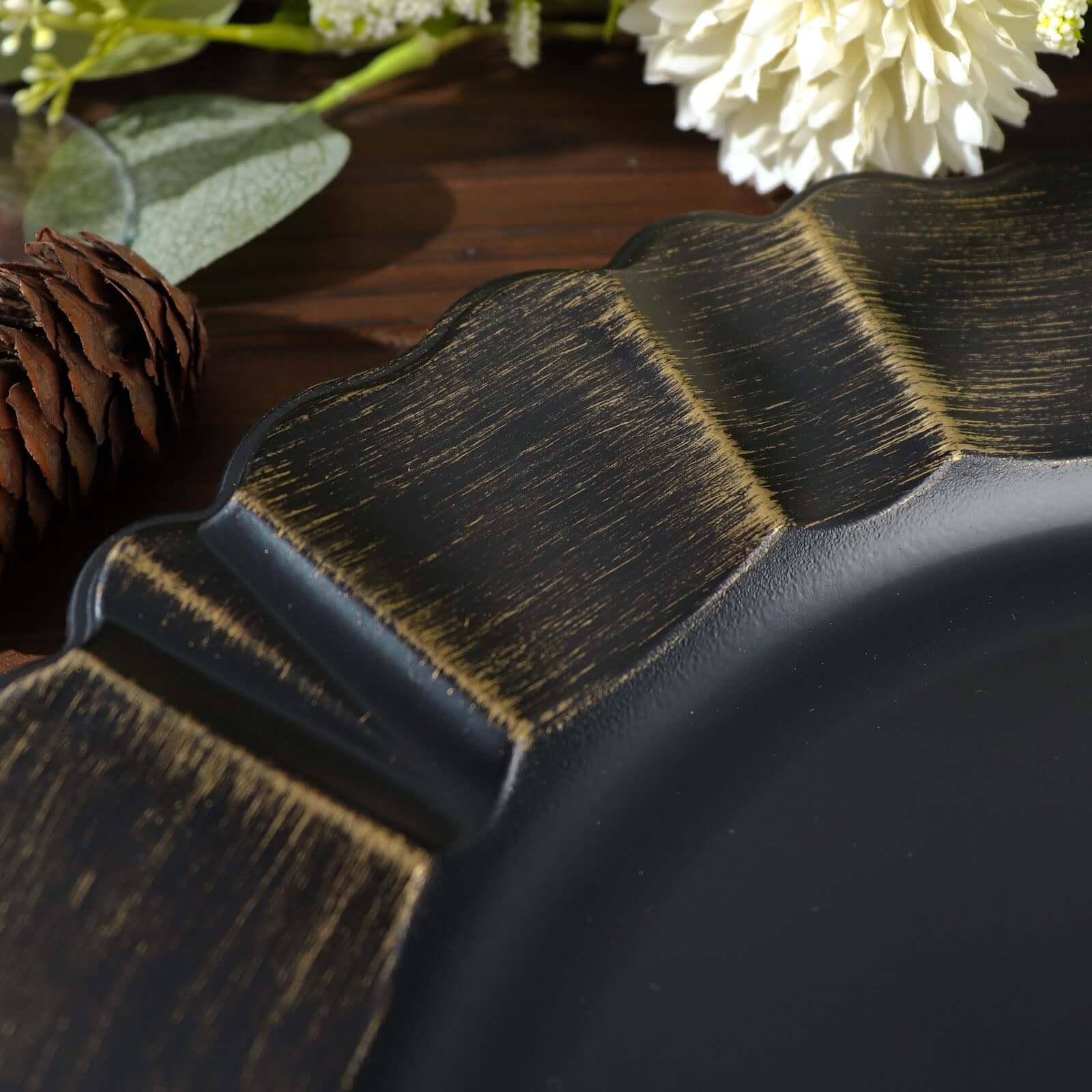6-Pack Acrylic Plastic Round Charger Plates 13" in Matte Black with Gold Brushed Wavy Scalloped Rim, Decorative Dinner Party Charger Tableware