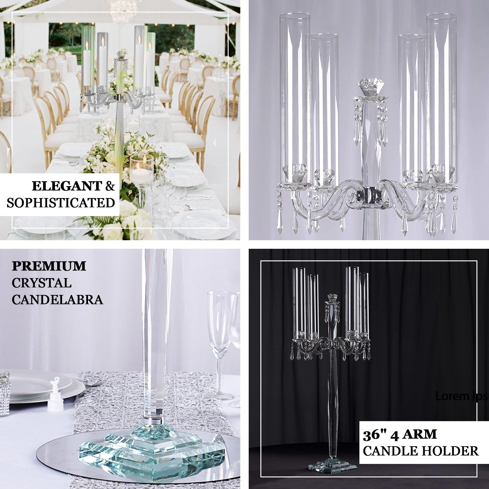 4 Arm Crystal Glass Taper Candle Holder Candelabra, Decorative Table Centerpiece With Chandelier Chains 36"