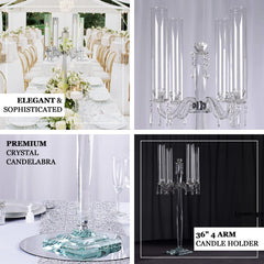4 Arm Crystal Glass Taper Candle Holder Candelabra, Decorative Table Centerpiece With Chandelier Chains 36"