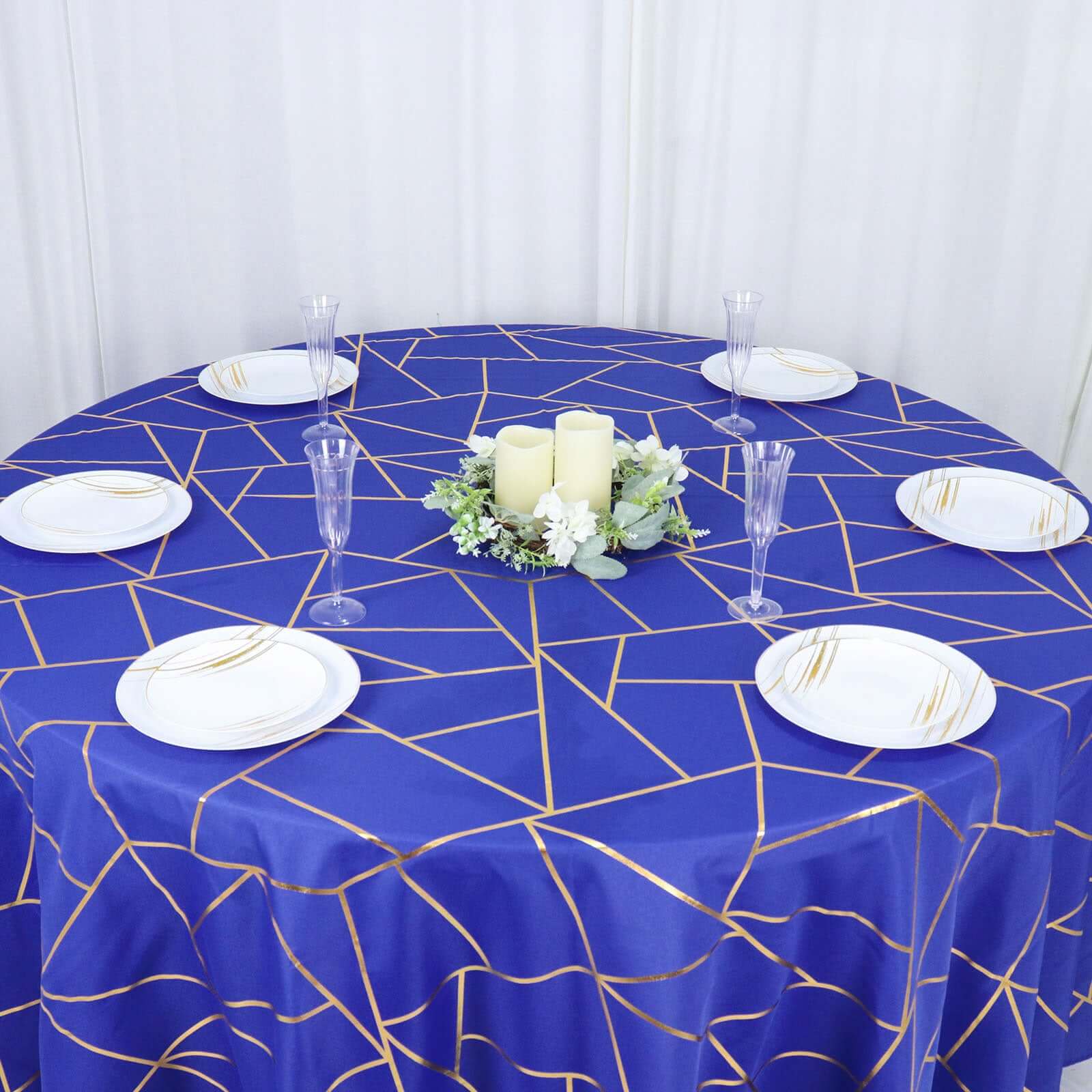 Polyester 120" Round Tablecloth Royal with Gold Foil Geometric Pattern Wrinkle-Resistant Seamless Table Cover