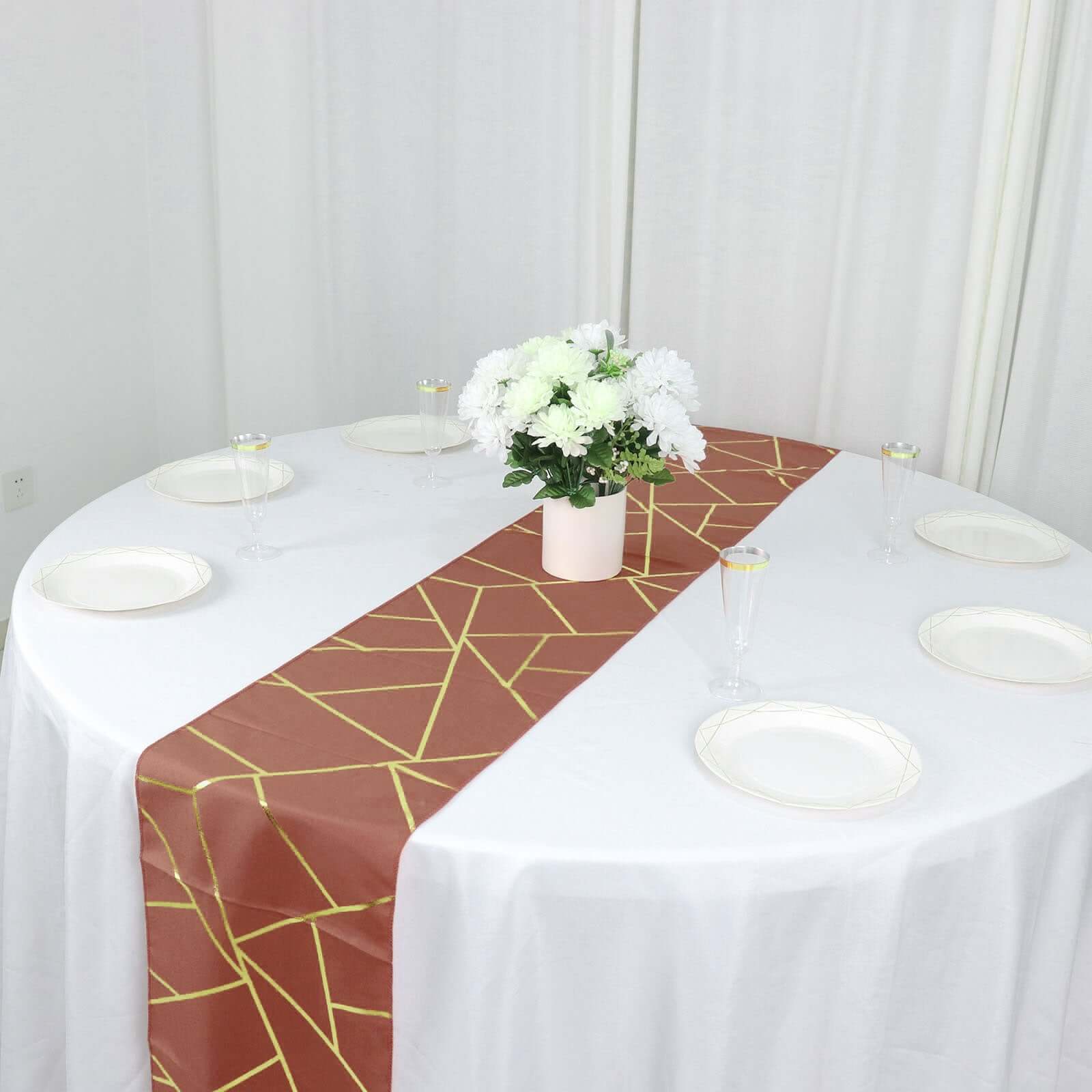 Polyester 9ft Table Runner Terracotta (Rust) with Gold Foil Modern Geometric Accent