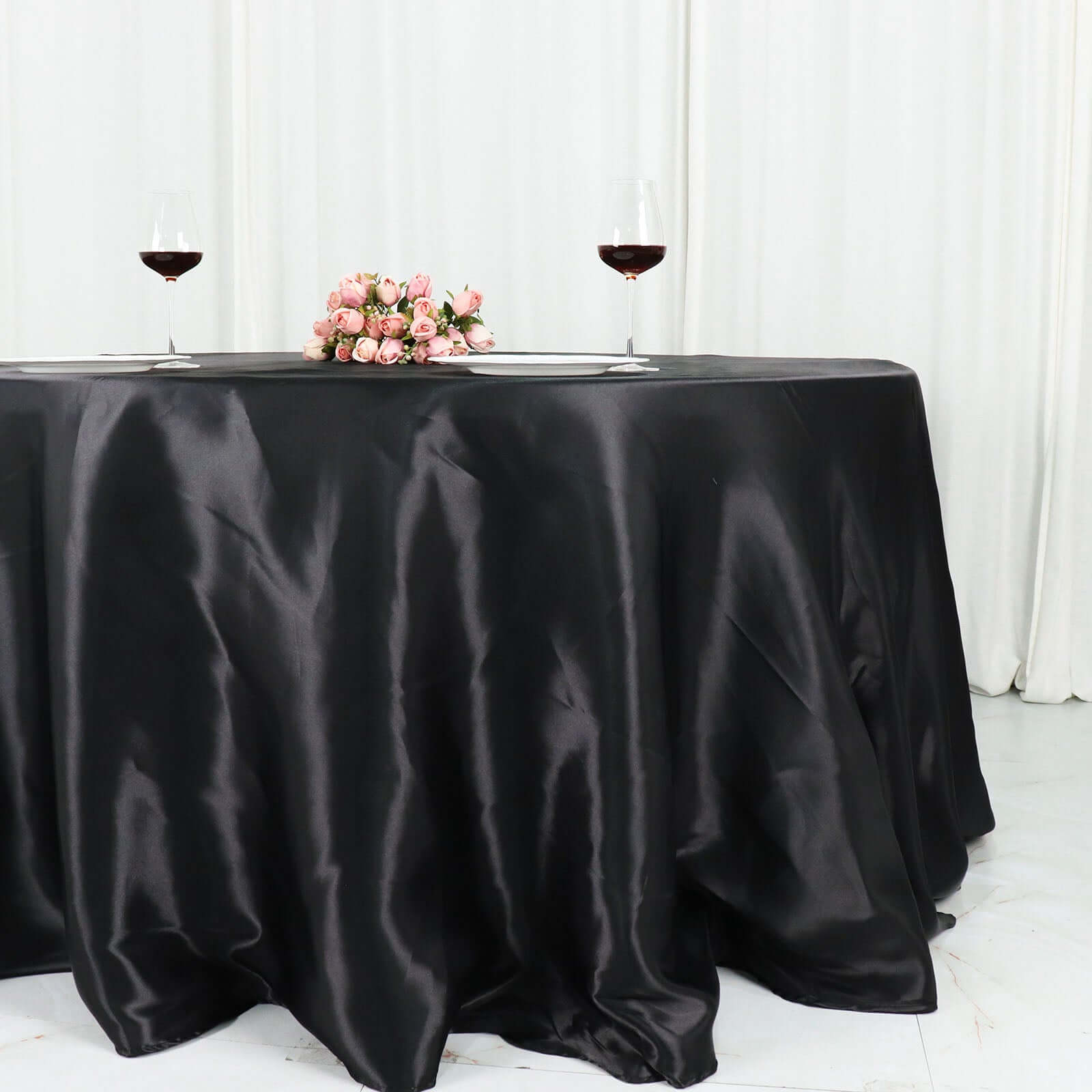 Satin 132" Round Tablecloth Black - Stylish Seamless Table Cover for Weddings & Events