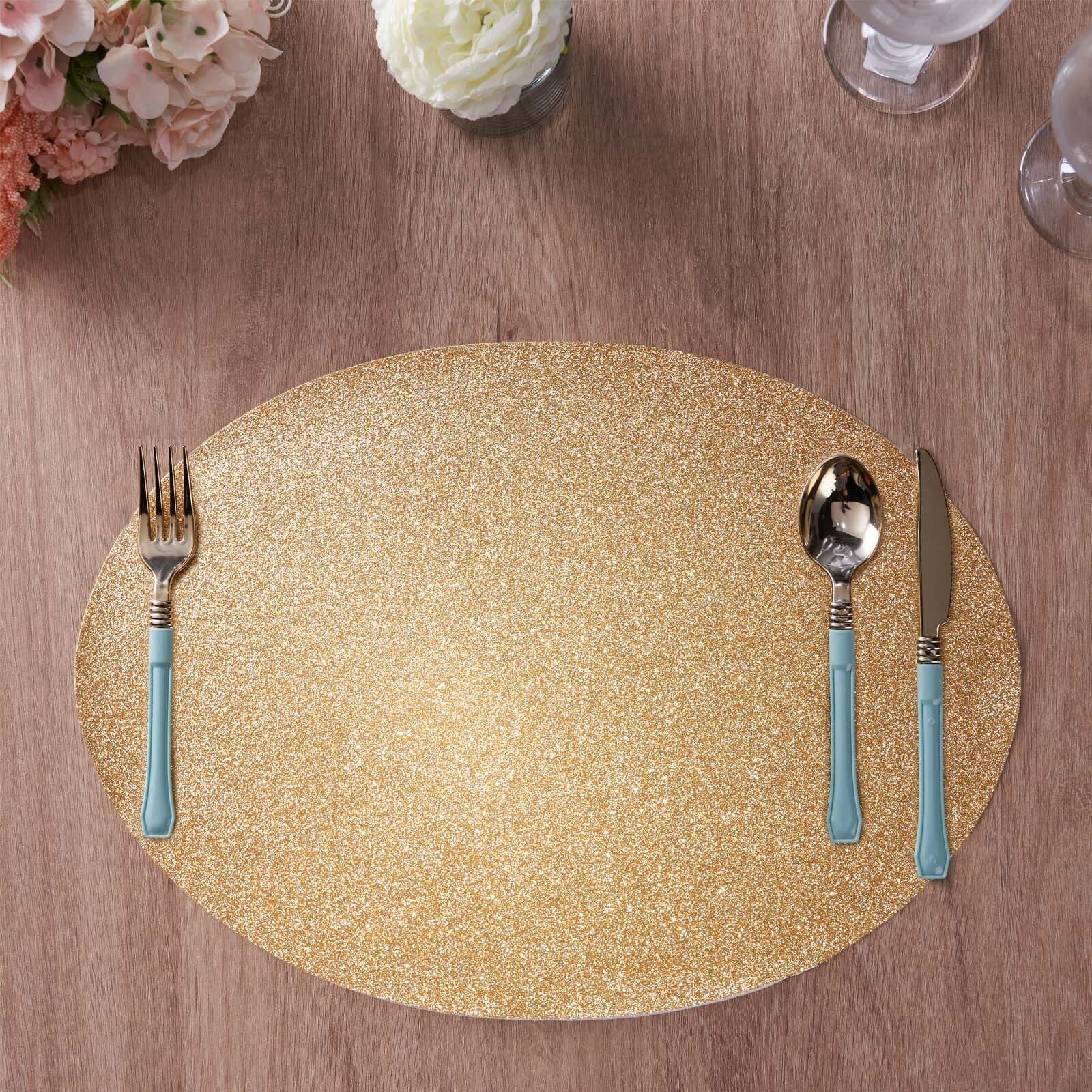 6 Pack Champagne Sparkle Vinyl Placemats, Non Slip Decorative Oval Glitter Table Mat