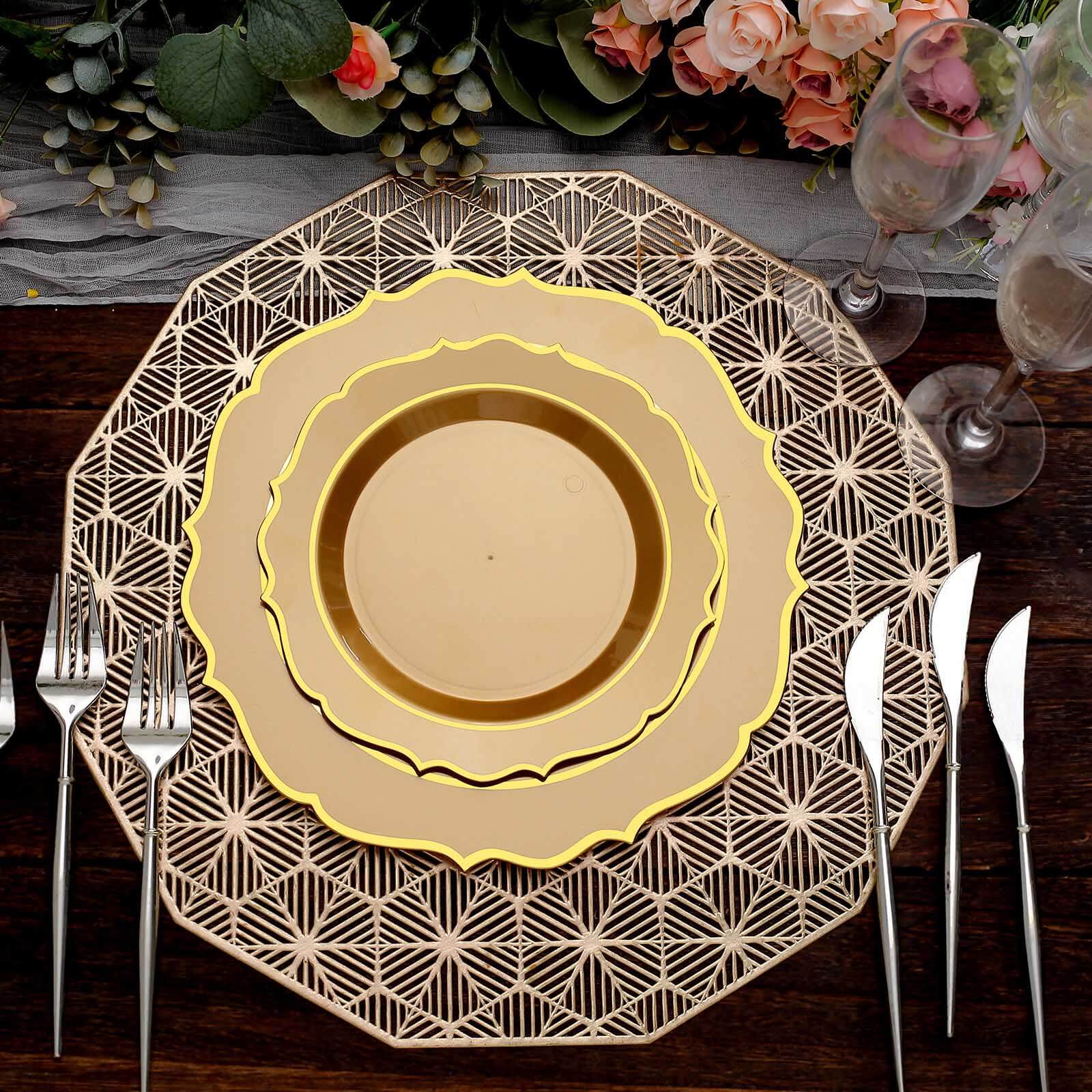 10-Pack Plastic 8" Round Desert Plates in Gold with Gold Scalloped Rim - Disposable Appetizer/Salad Plates