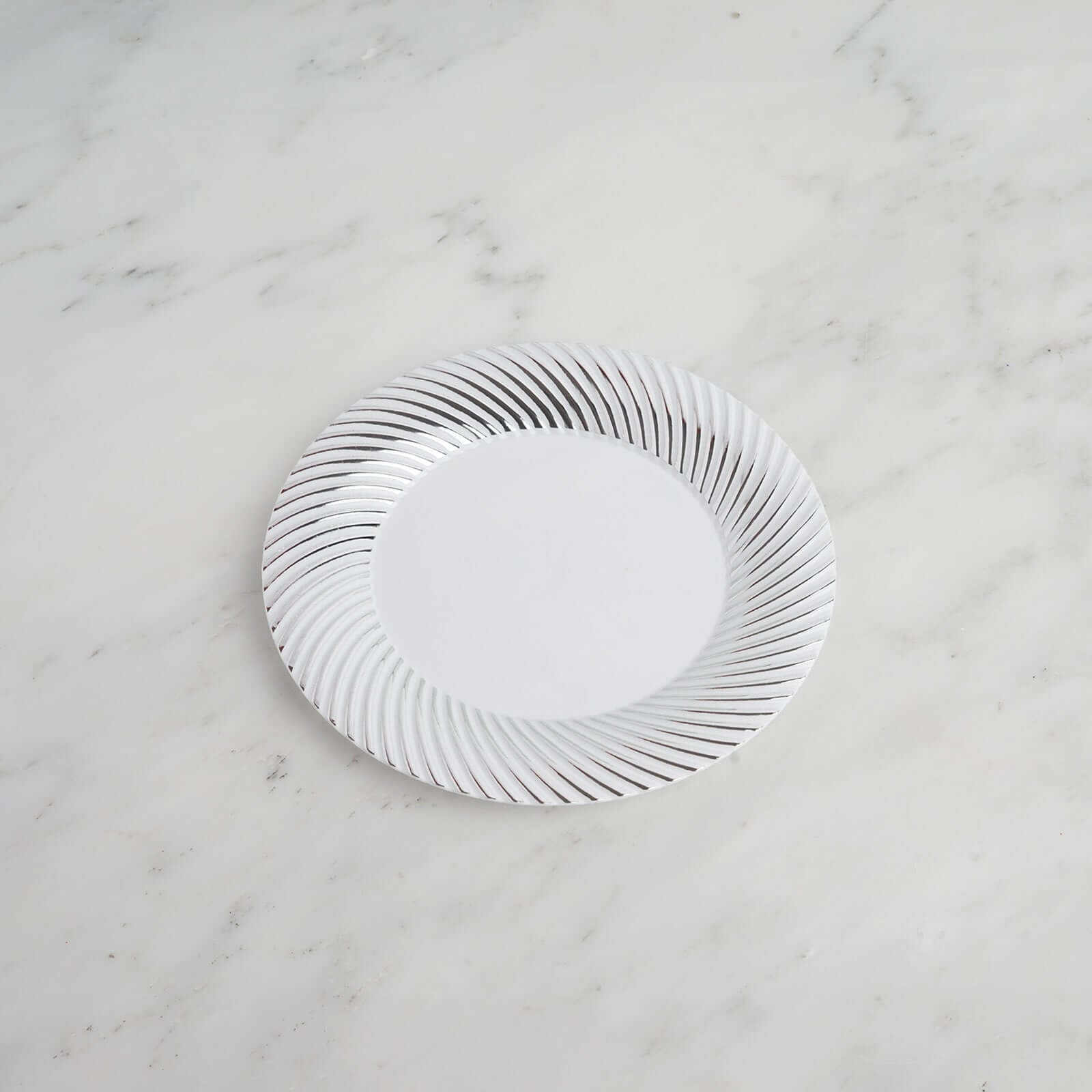 10-Pack Plastic Dessert Plates White/Silver Swirl Rim - Disposable Plates for Appetizers 6"