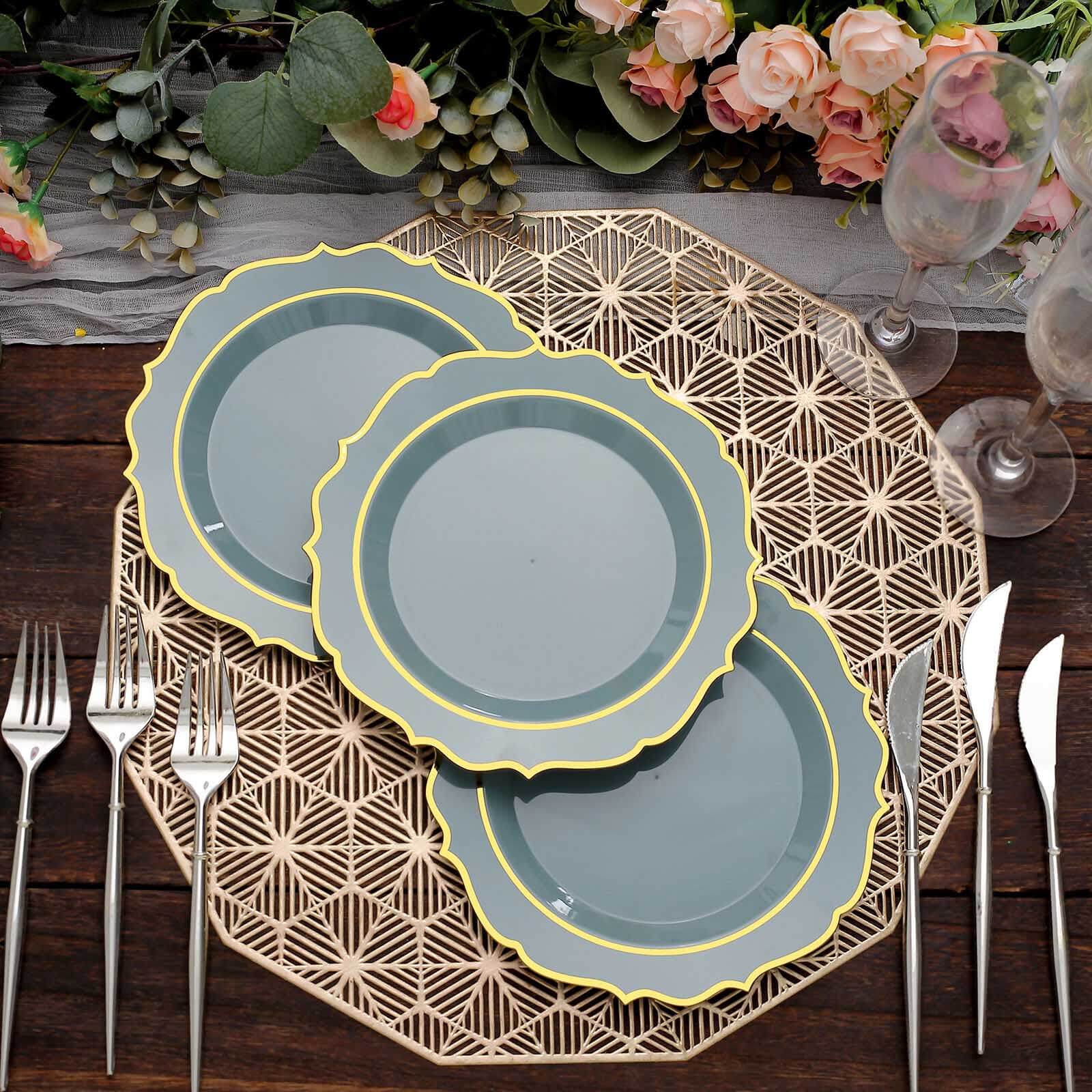 10-Pack Plastic 8" Round Desert Plates in Dusty Blue with Gold Scalloped Rim - Disposable Appetizer/Salad Plates