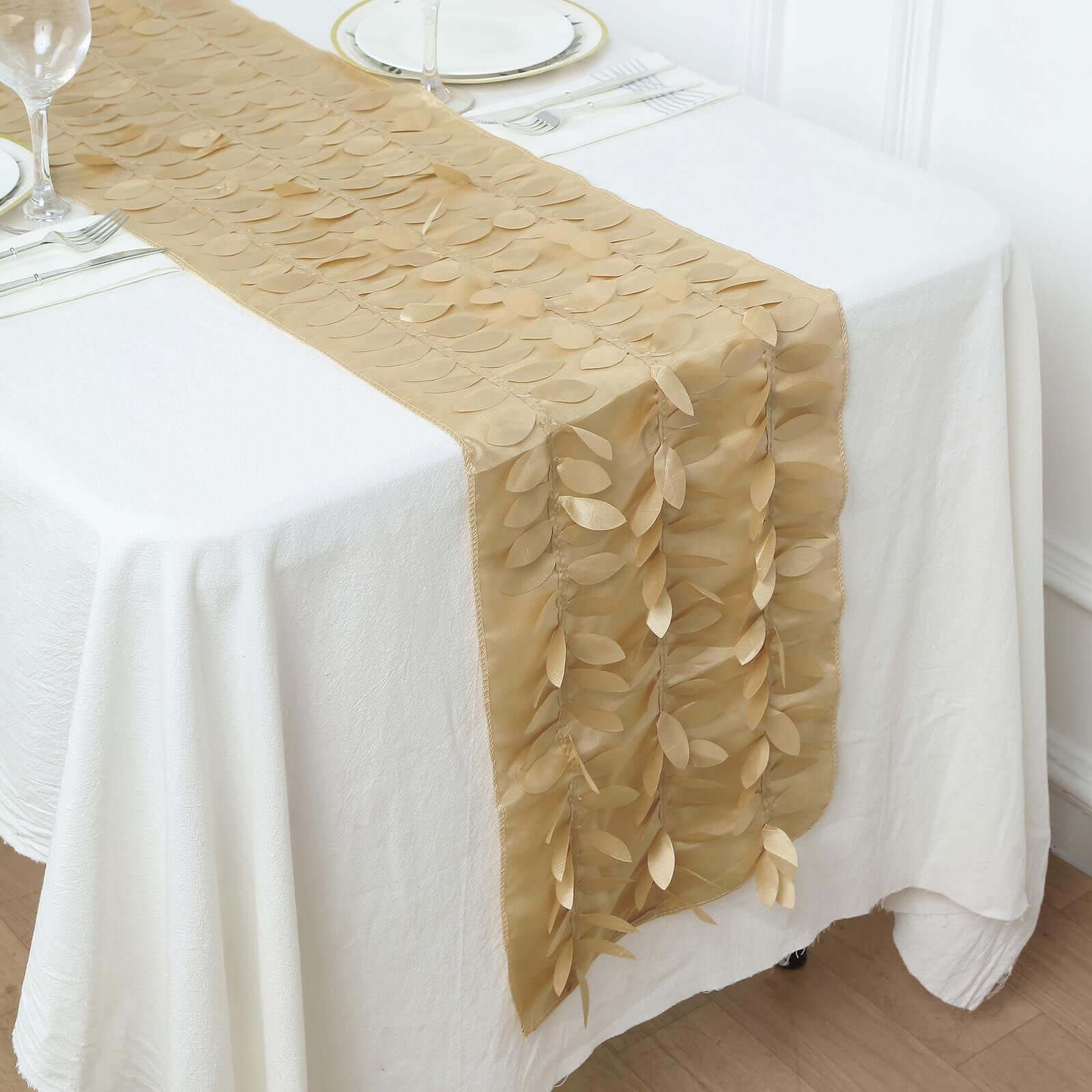 Taffeta Fabric 12"x108" Table Runner Champagne - 3D Leaf Petal Design