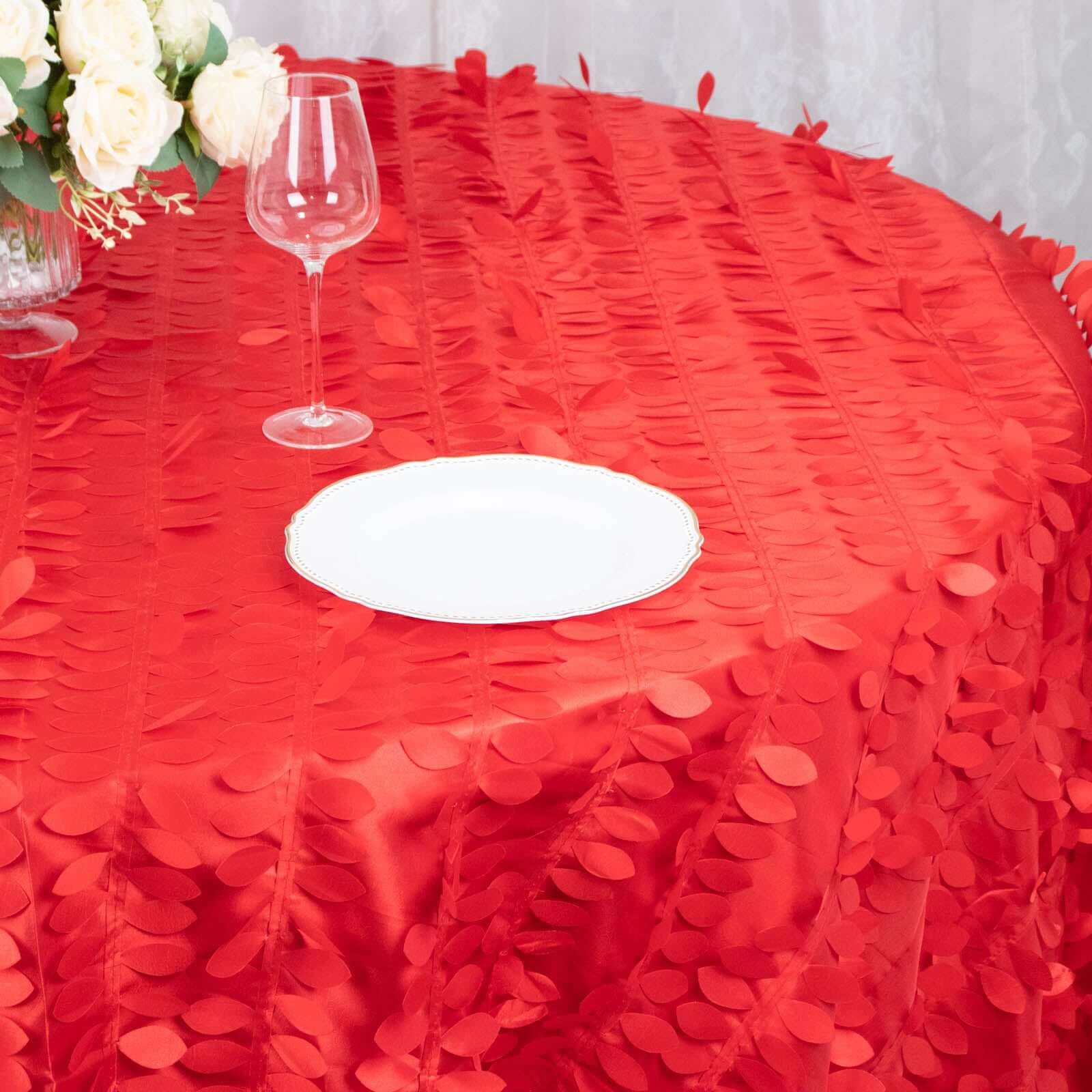 Taffeta 132" Round Tablecloth Red Leaf | 3D Leaf Petal Design Seamless Table Cover