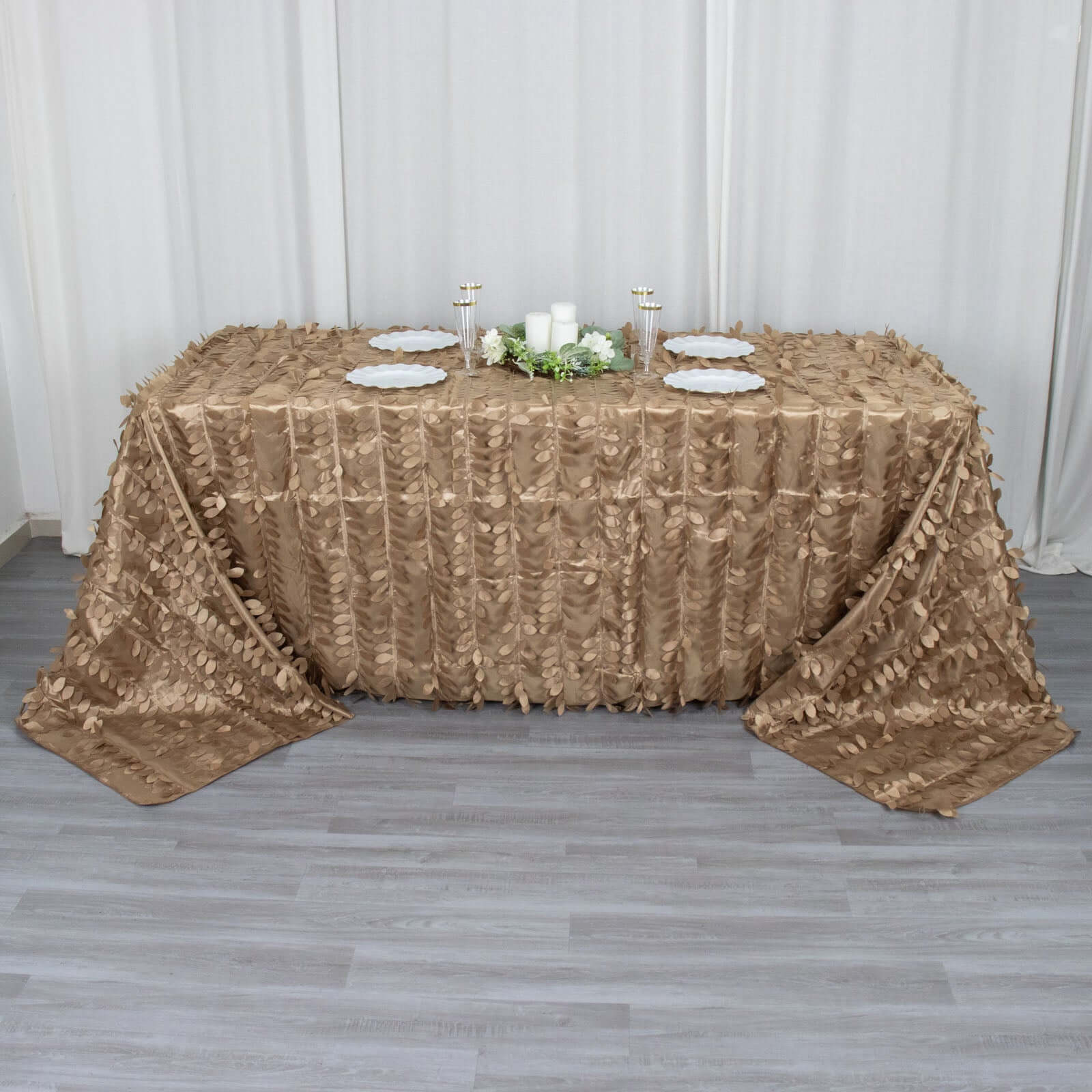 Taffeta 90"x132" Rectangle Tablecloth Taupe | 3D Leaf Petal Design Seamless Table Cover