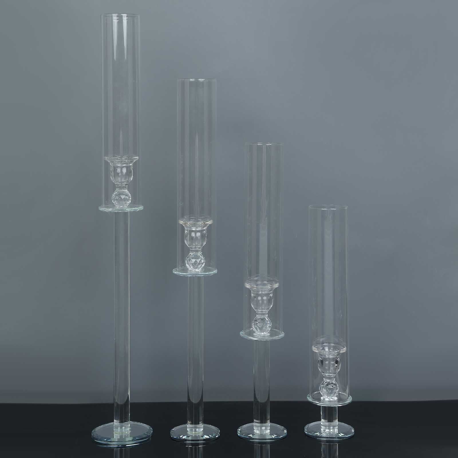 Set of 4 Crystal Glass Hurricane Taper Candle Holders, Decorative Tall Candle Stands Clear Cylinder Chimney Tubes 14", 18", 22", 26"