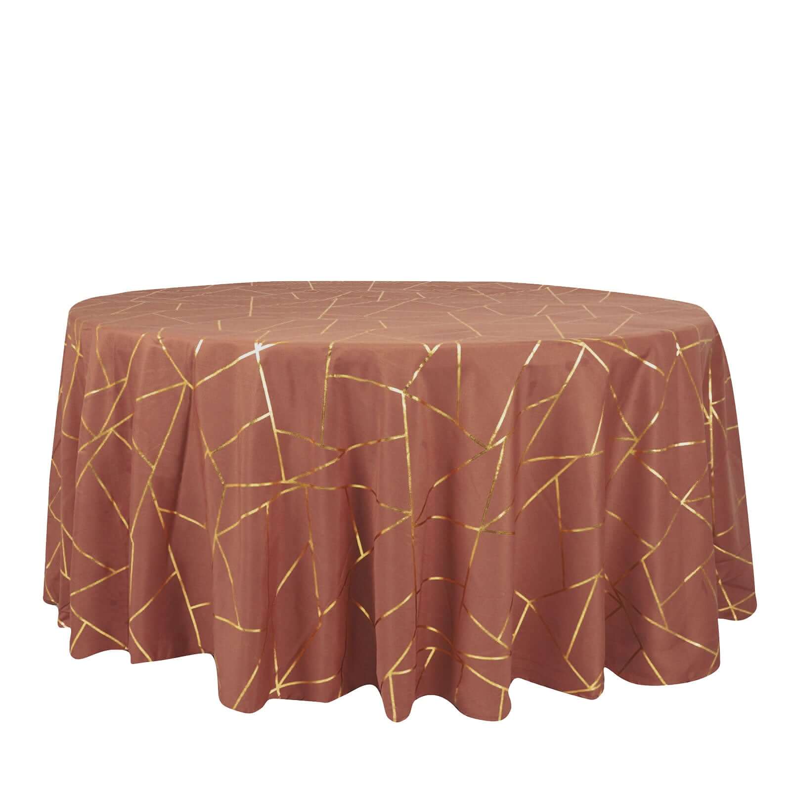 Polyester 120" Round Tablecloth Terracotta (Rust) with Gold Foil Geometric Pattern Wrinkle-Resistant Seamless Table Cover