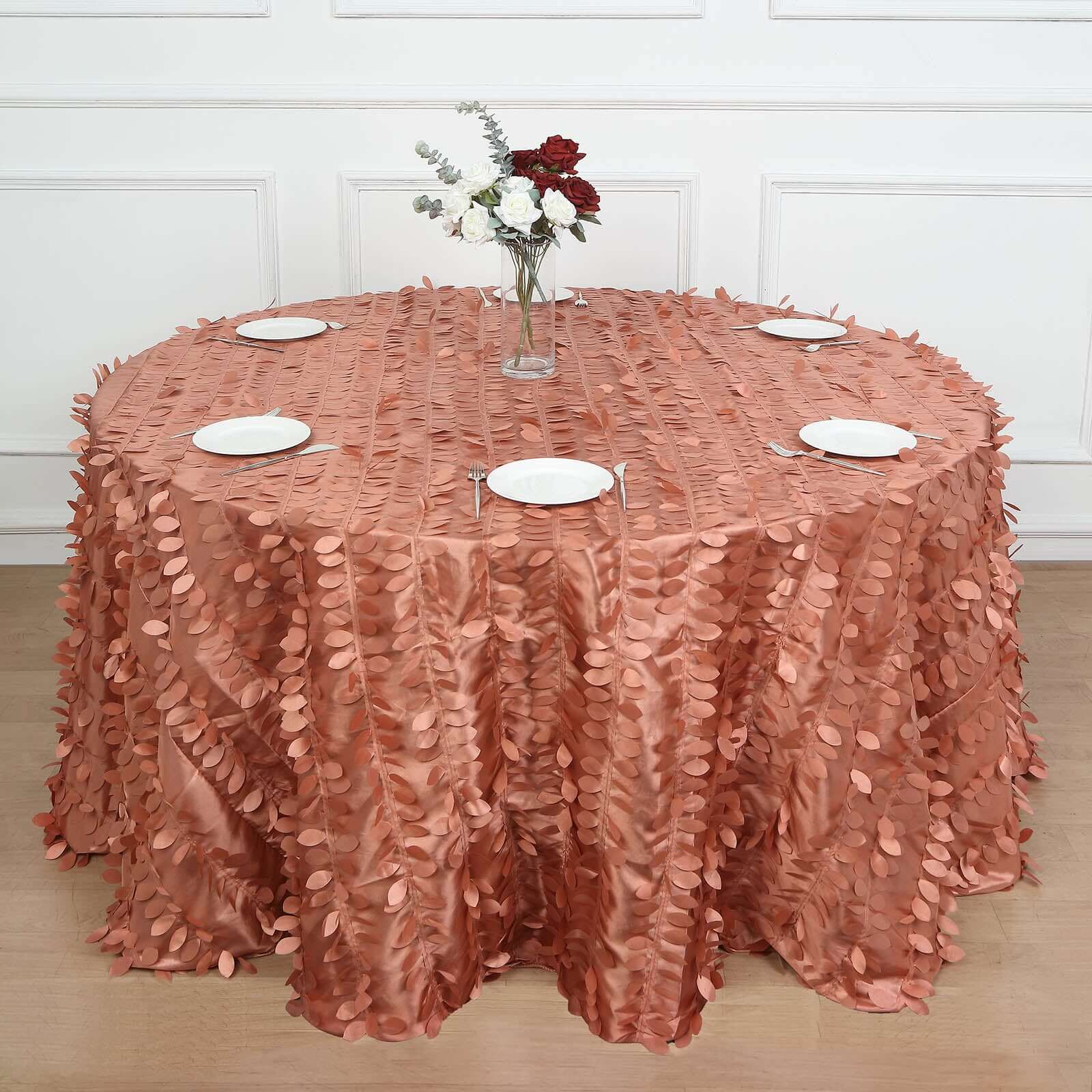 Taffeta 132" Round Tablecloth Terracotta (Rust) Leaf | 3D Leaf Petal Design Seamless Table Cover