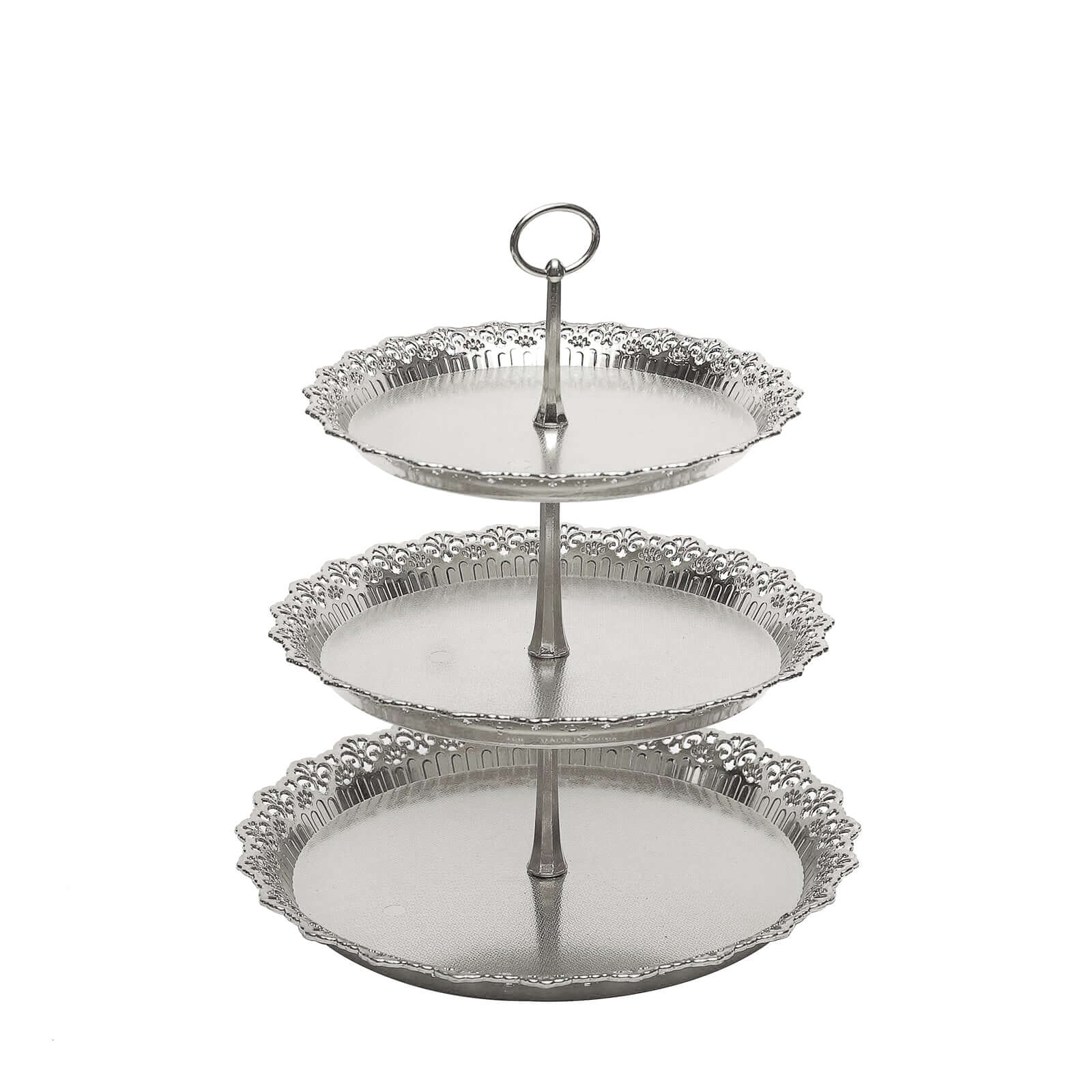3-Tier Plastic Round Cupcake Stand 15" Metallic Silver with Lace Scalloped Edges - Multifunctional Space Saving Dessert Display Tower Pastry Serving Tray for Classy Events