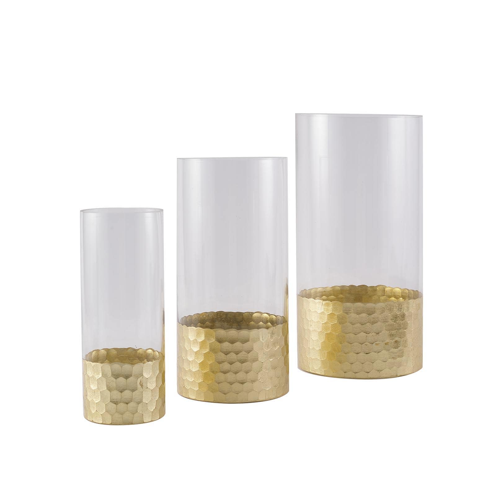 Set of 3 Clear Glass Cylinder Vases with Gold Honeycomb Base, Votive Tealight Candle Holder Set - 8",10",12"