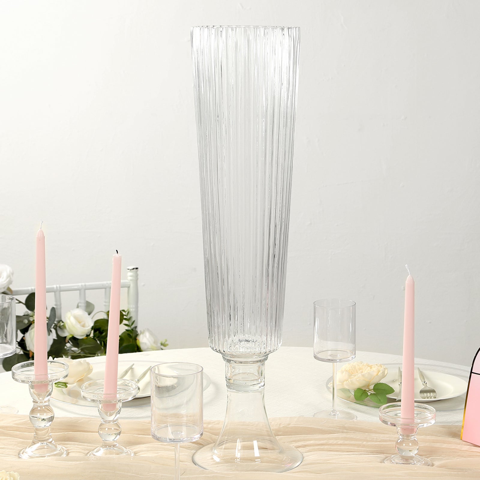 4-Pack Glass Trumpet Vases Ribbed Design Clear - Durable Flower Centerpieces for Events 26"