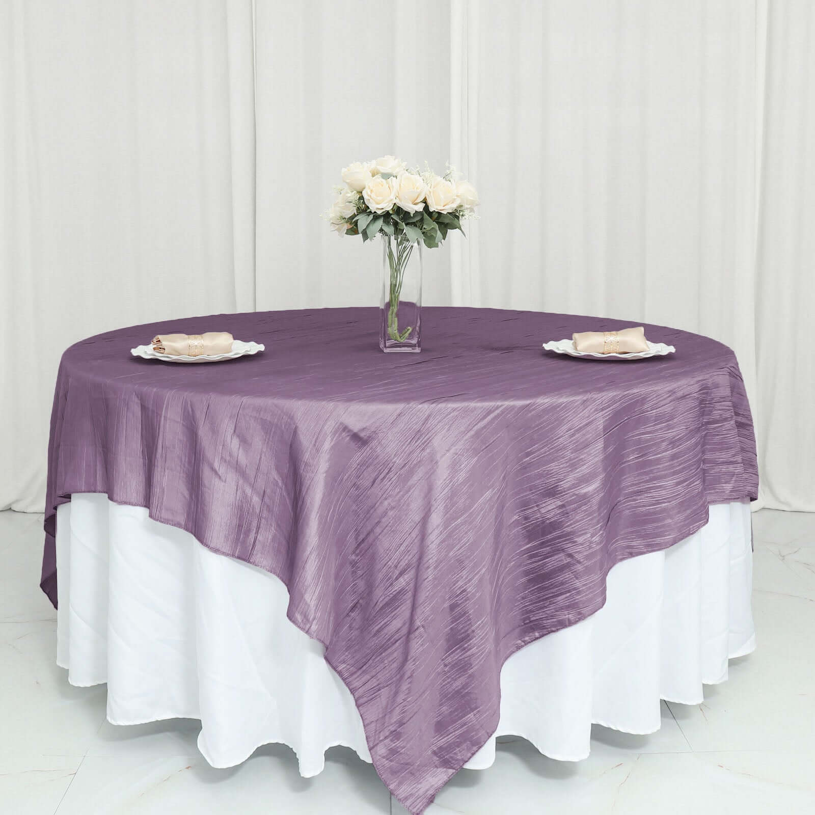 Taffeta 90"x90" Table Overlay Square Tablecloth Violet Amethyst - Accordion Crinkle Table Cover