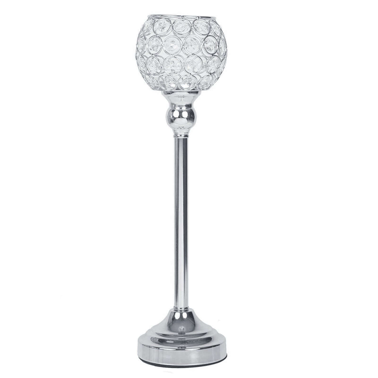 16" Tall Silver Crystal Votive Pillar Candle Holder, Metal Tealight Round Candle Stand