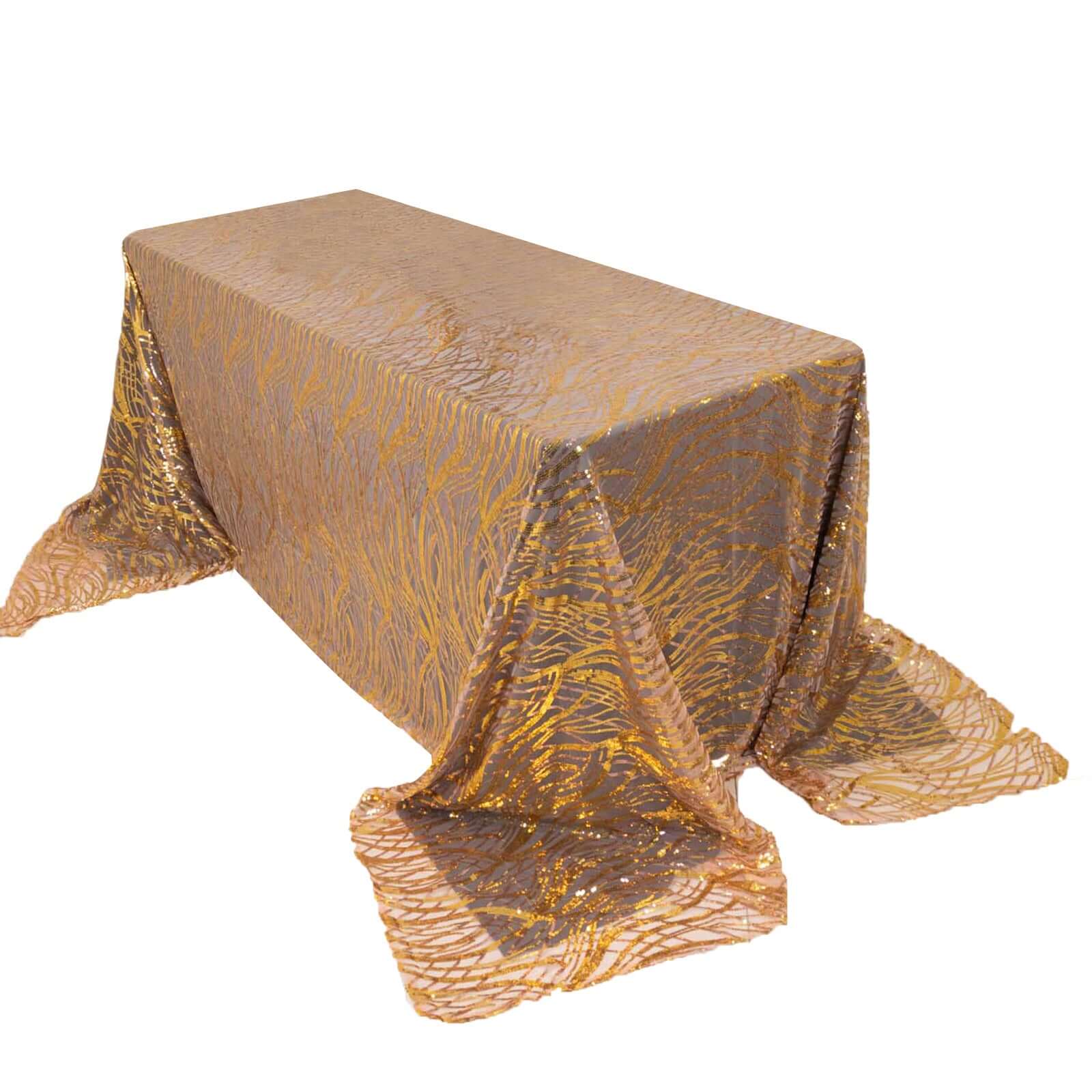 Mesh 90"x156" Rectangle Tablecloth Rose Gold/Gold - Wave Sequin Embroidered Table Cover