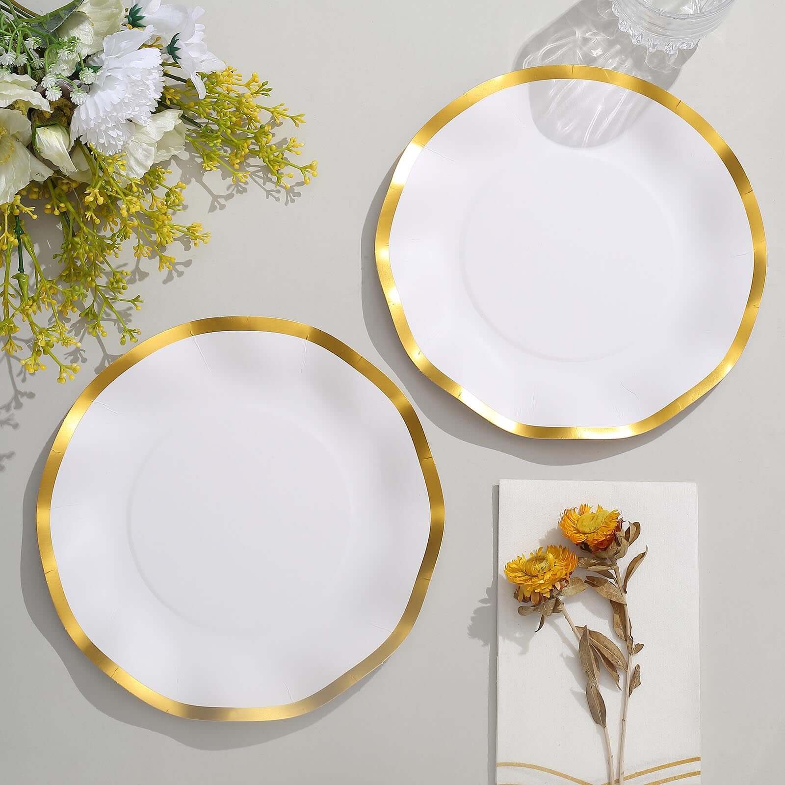 25-Pack Paper Round Dessert Plates 8" Matte White with Gold Wavy Rim - Disposable 350GSM Salad Plates for Banquets & Upscale Gatherings