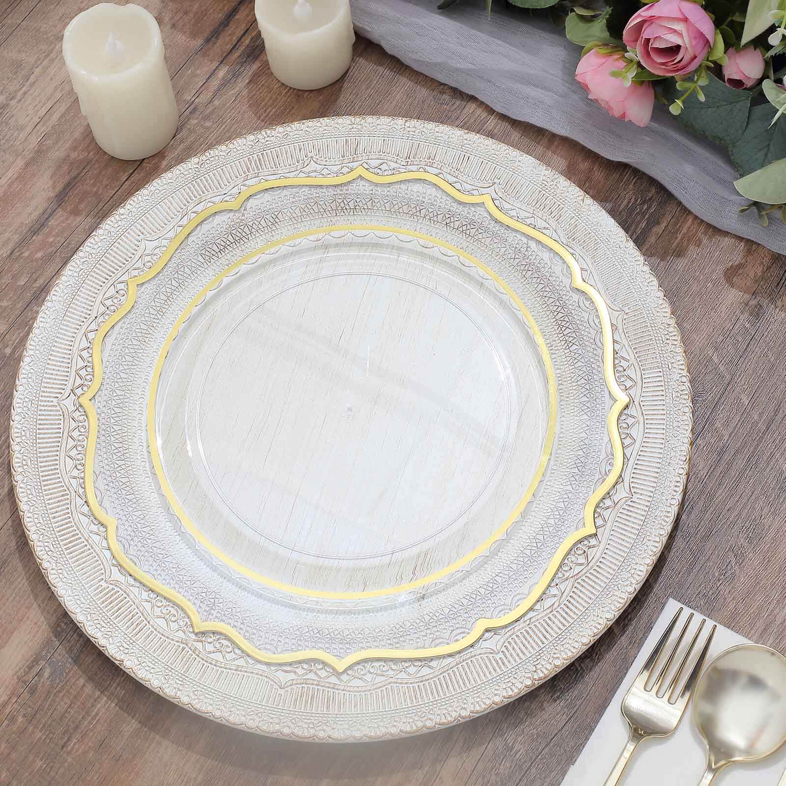 6-Pack Acrylic Round Charger Plates 13" in White with Lace Embossed Rim, Rustic Plastic Decorative Charger Tableware