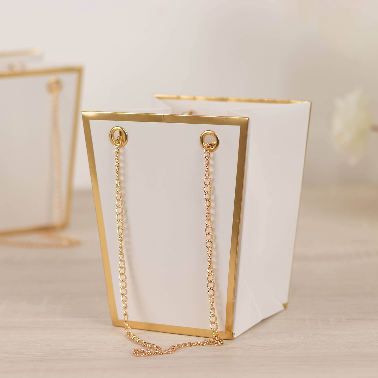 6 Pack White Gold Edge Paper Flower Gift Bags With Metal Chain Handles, Trapezoid Party Favor Tote Bags - 5"x6"