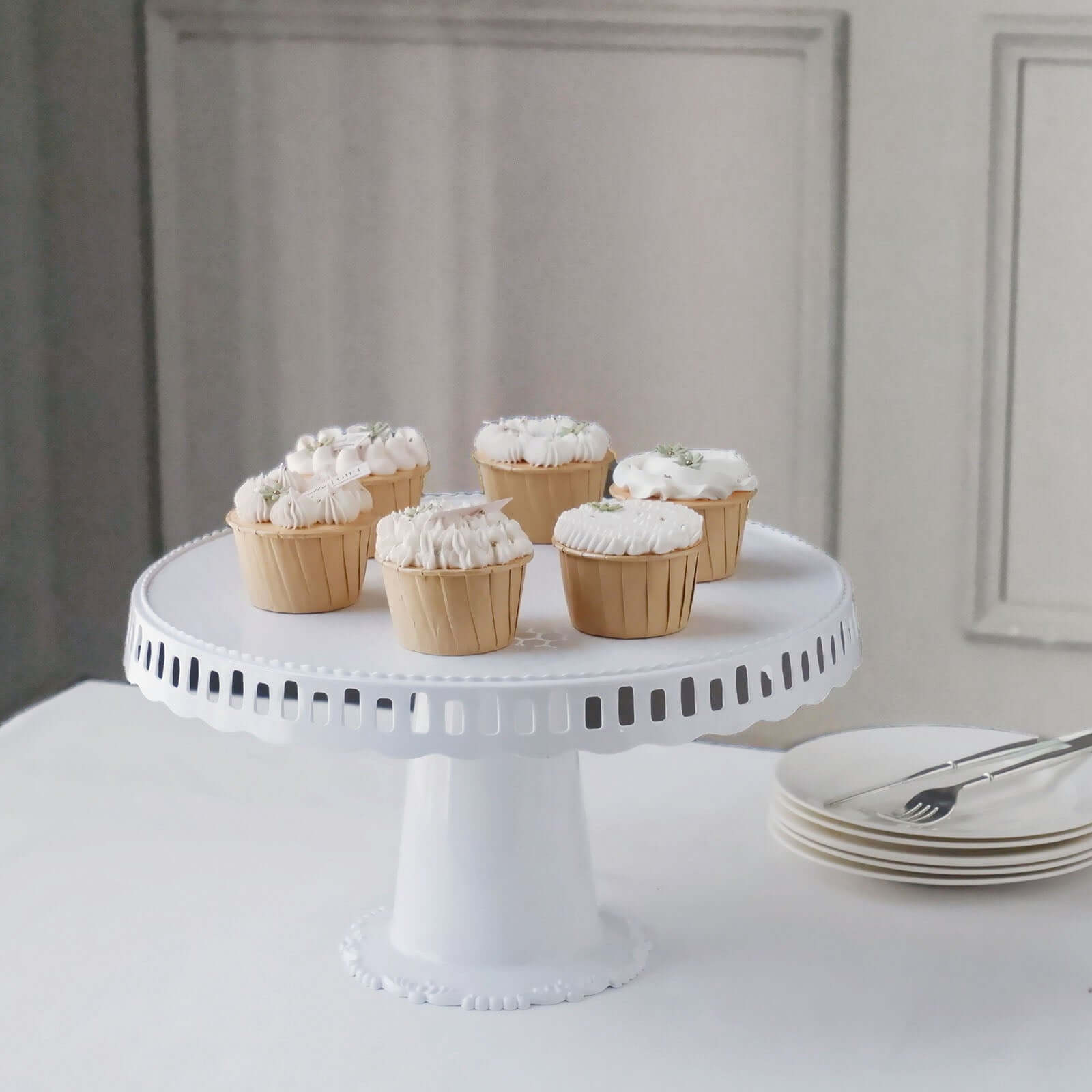 4-Pack Plastic Round Pedestal Cake Stands White - Reusable Cupcake Pastry Display Risers with Hollow Ribbon Trim Edges for Stylish Dessert Presentation 13"