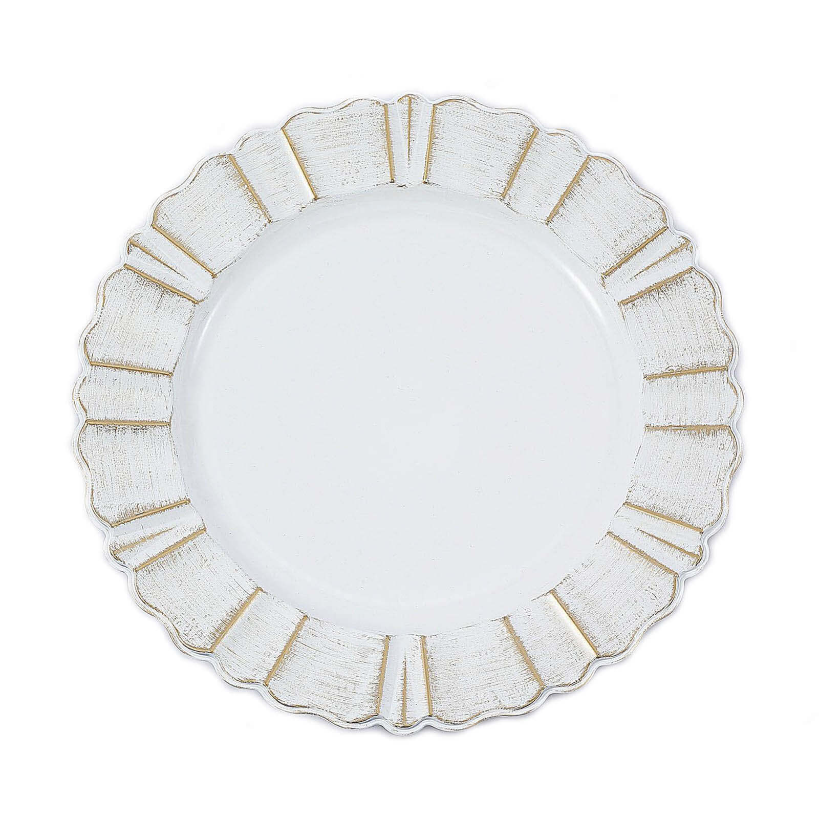 6-Pack Acrylic Plastic Round Charger Plates 13" in White with Gold Brushed Wavy Scalloped Rim, Decorative Dinner Party Charger Tableware