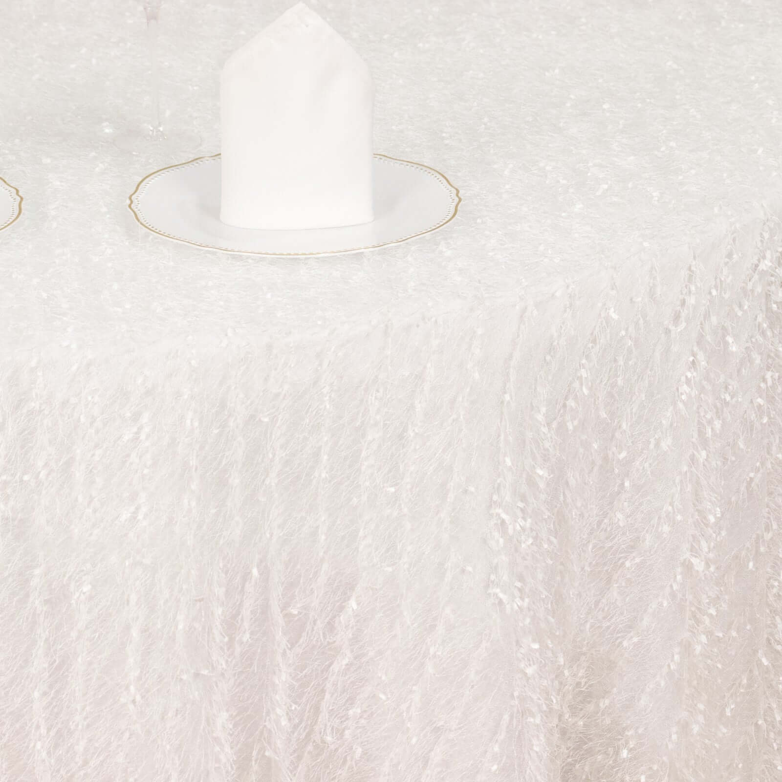 Polyester 120" Round Tablecloth White with Shaggy Fringe Design - Exquisite Table Cover