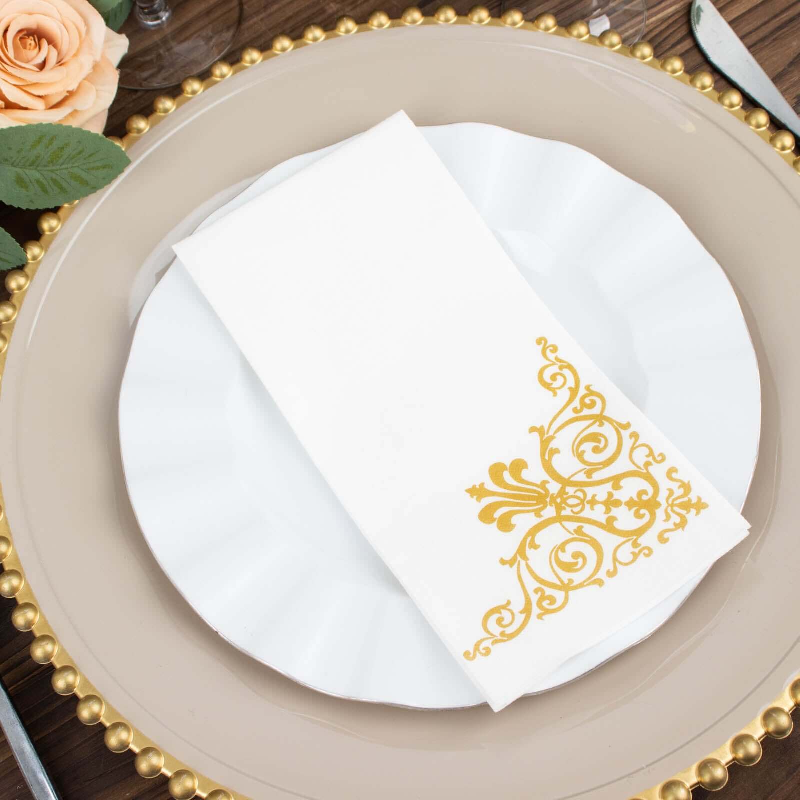 25 Pack White Linen-Feel Dinner Paper Napkins with Gold Fleur Vintage Print, Premium Cloth-Like Airlaid Disposable Napkins, Soft and Absorbent Guest Towels