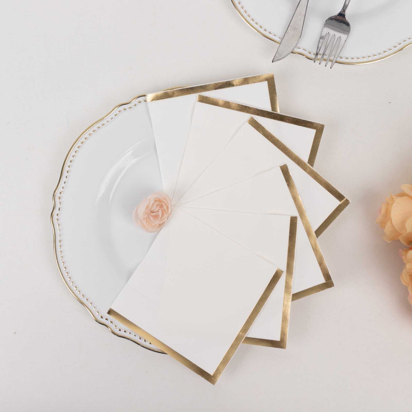 50-Pack Paper Beverage Napkins White with Gold Foil Edge - 2 Ply Disposable Soft 18GSM Cocktail Napkins for Events 5"x5"