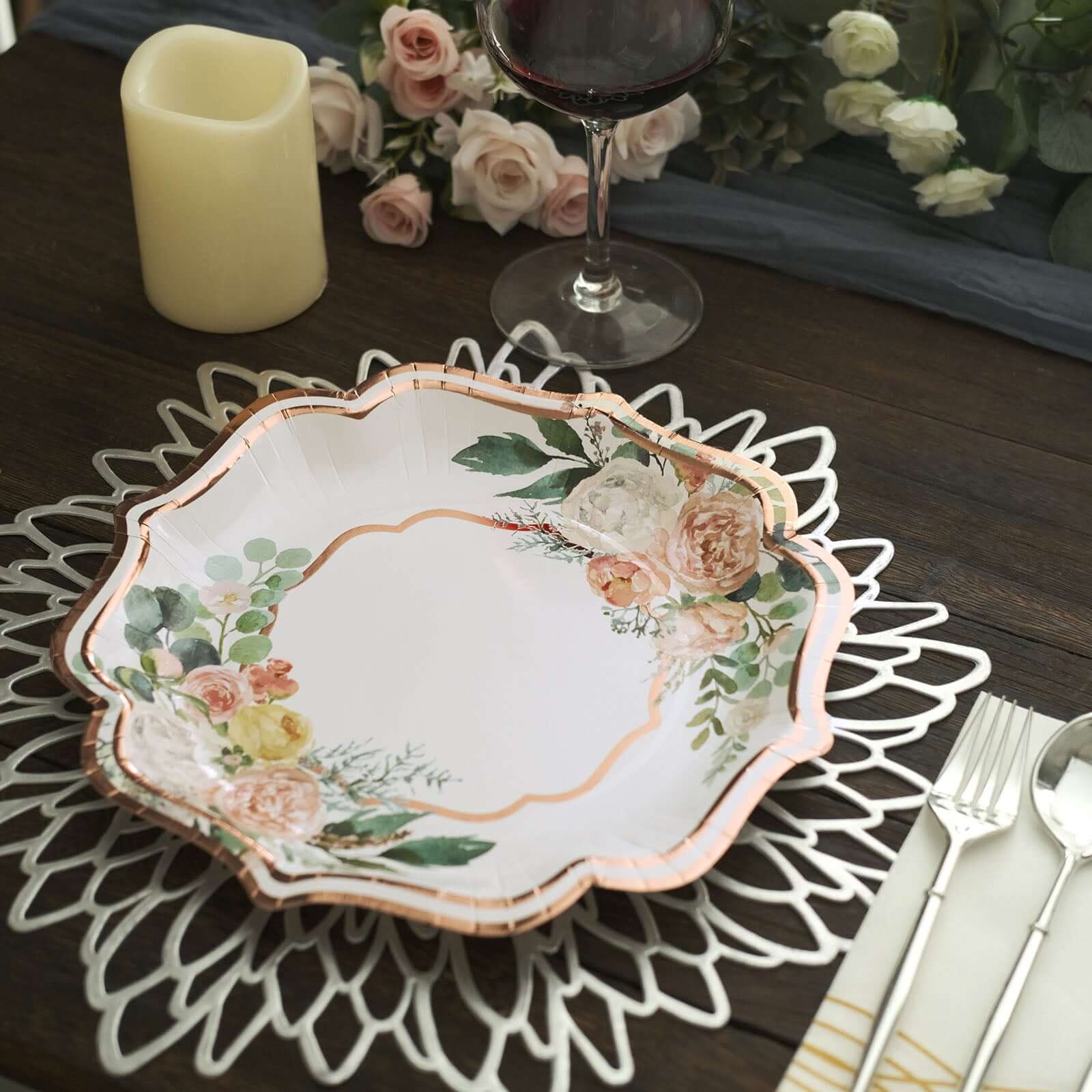25-Pack Paper 10" Dinner Plates in White with Floral Print & Rose Gold Scallop Rim - Disposable 300GSM Party Plates