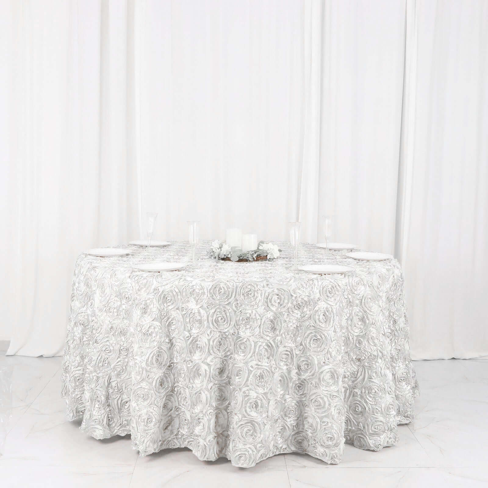 Satin 120" Round Tablecloth White - Grandiose 3D Rosette Design with Seamless Finish for Luxe Events