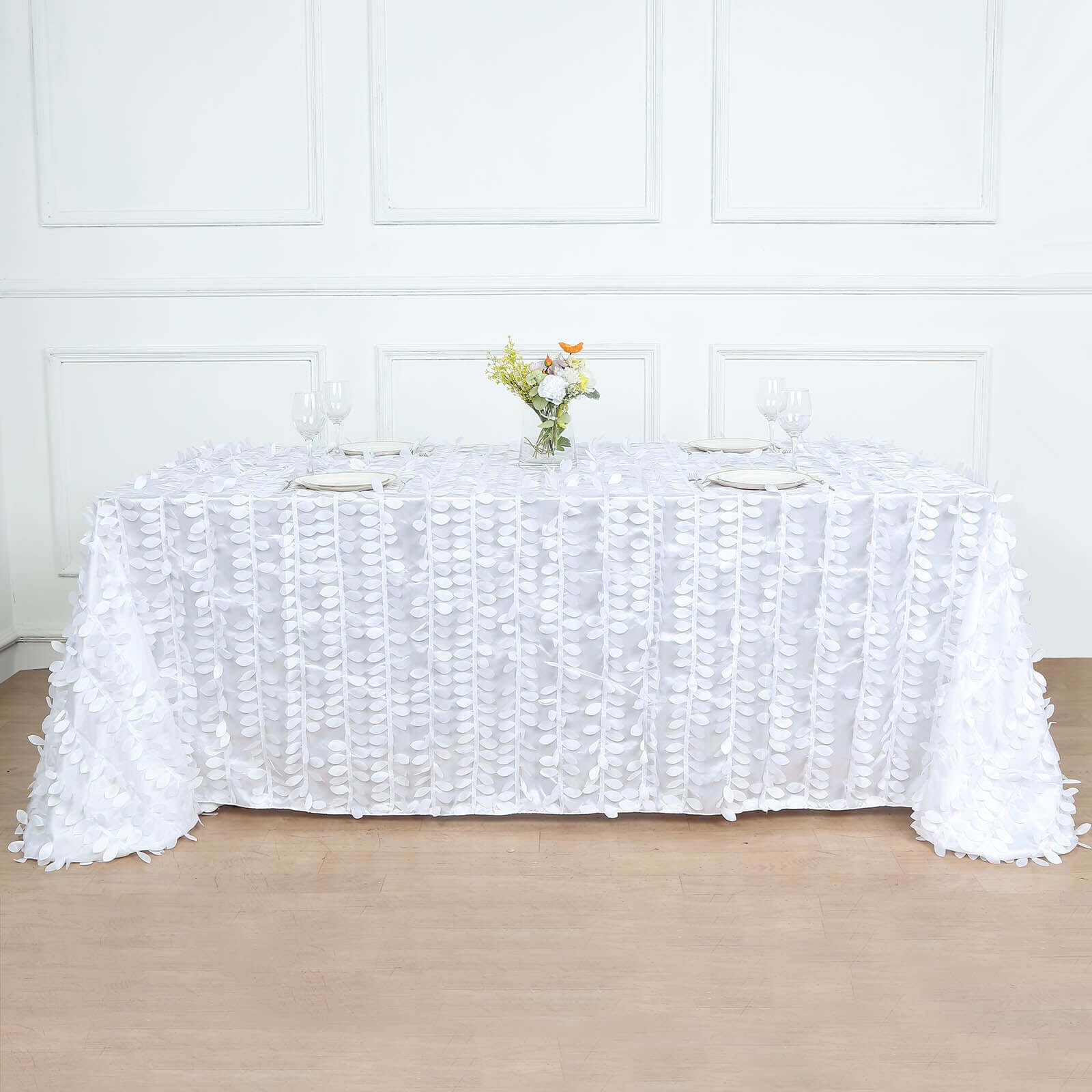 Taffeta 90"x156" Rectangle Tablecloth White | 3D Leaf Petal Design Seamless Table Cover for Stylish Wedding & Event Decor