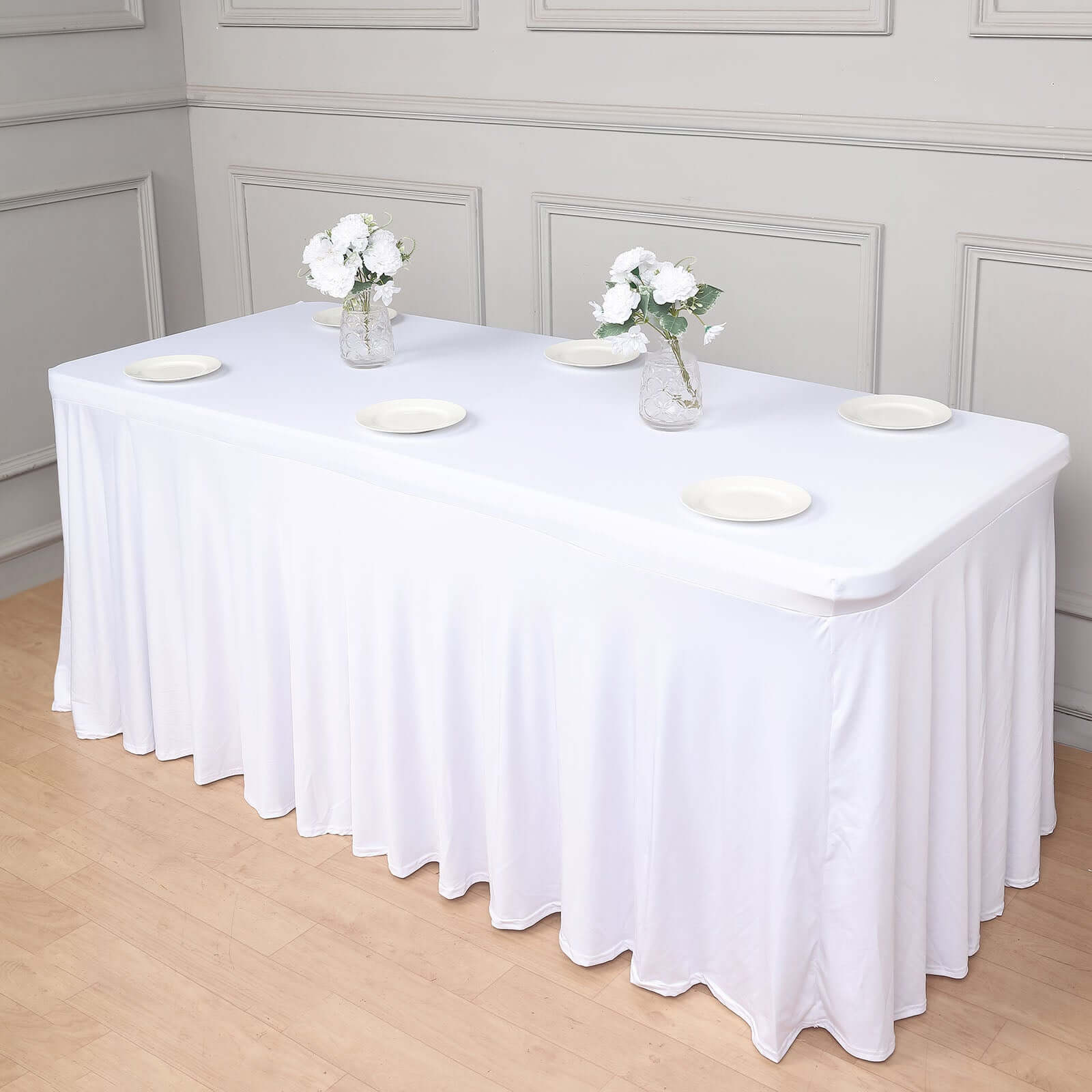 Spandex Rectangle 72"x30" Table Skirt White with Wavy Skirt-Like Effect Stylish Table Cover for Weddings, Banquets & Trade Shows