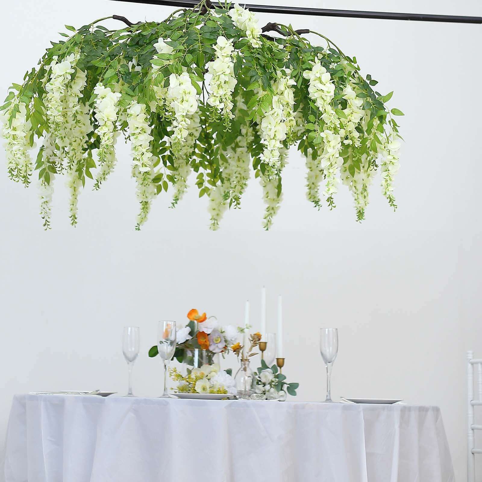 55" Cream Artificial Silk Hanging Wisteria Vine Flower Chandelier, Round Draping Garland Canopy With Interchangeable Branches