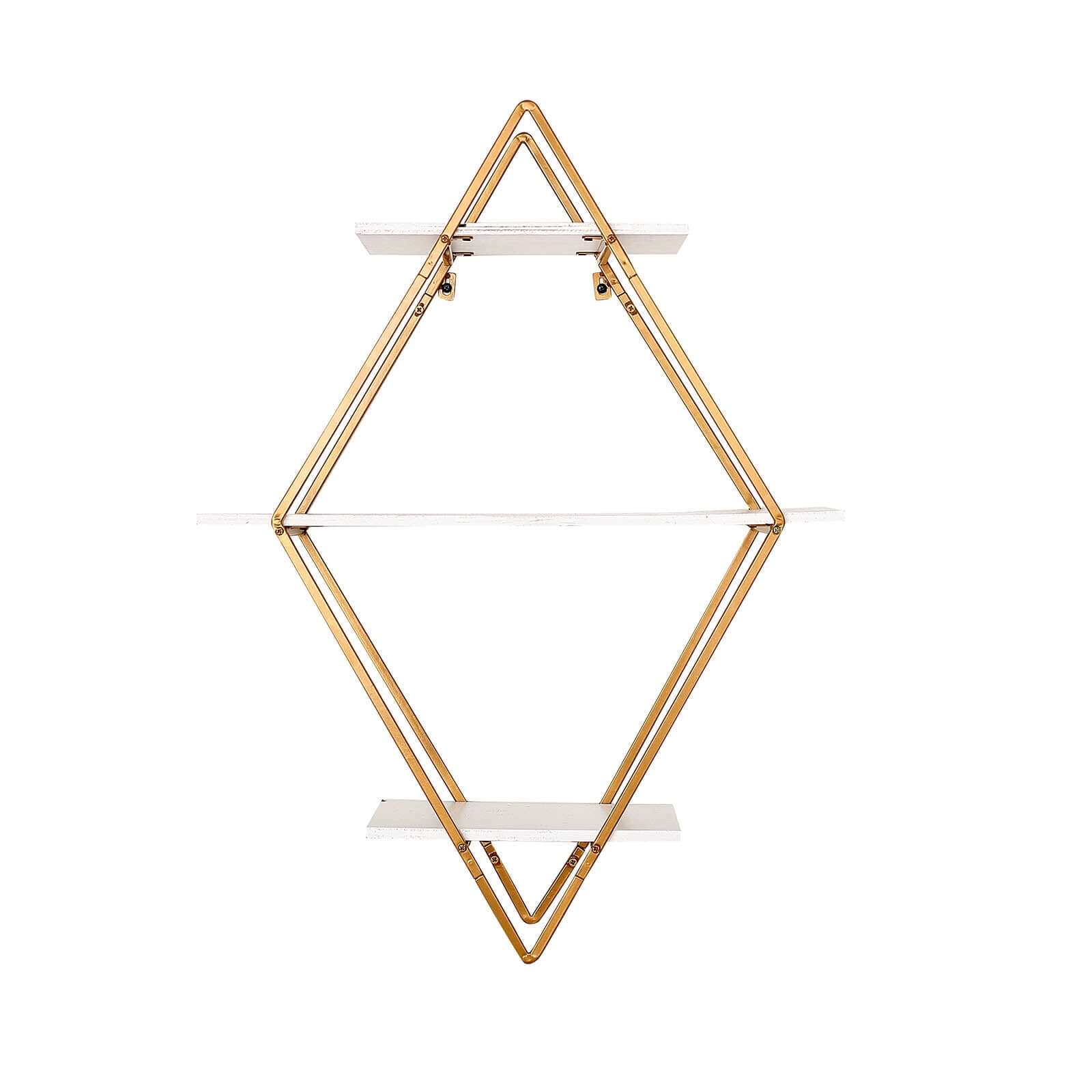 31" Geometric Diamond Shaped 3-Tier Gold Metal Dessert Cupcake Stand Rack, Wall Hanging Display Shelf Display, Book Shelf With White Wood Panels